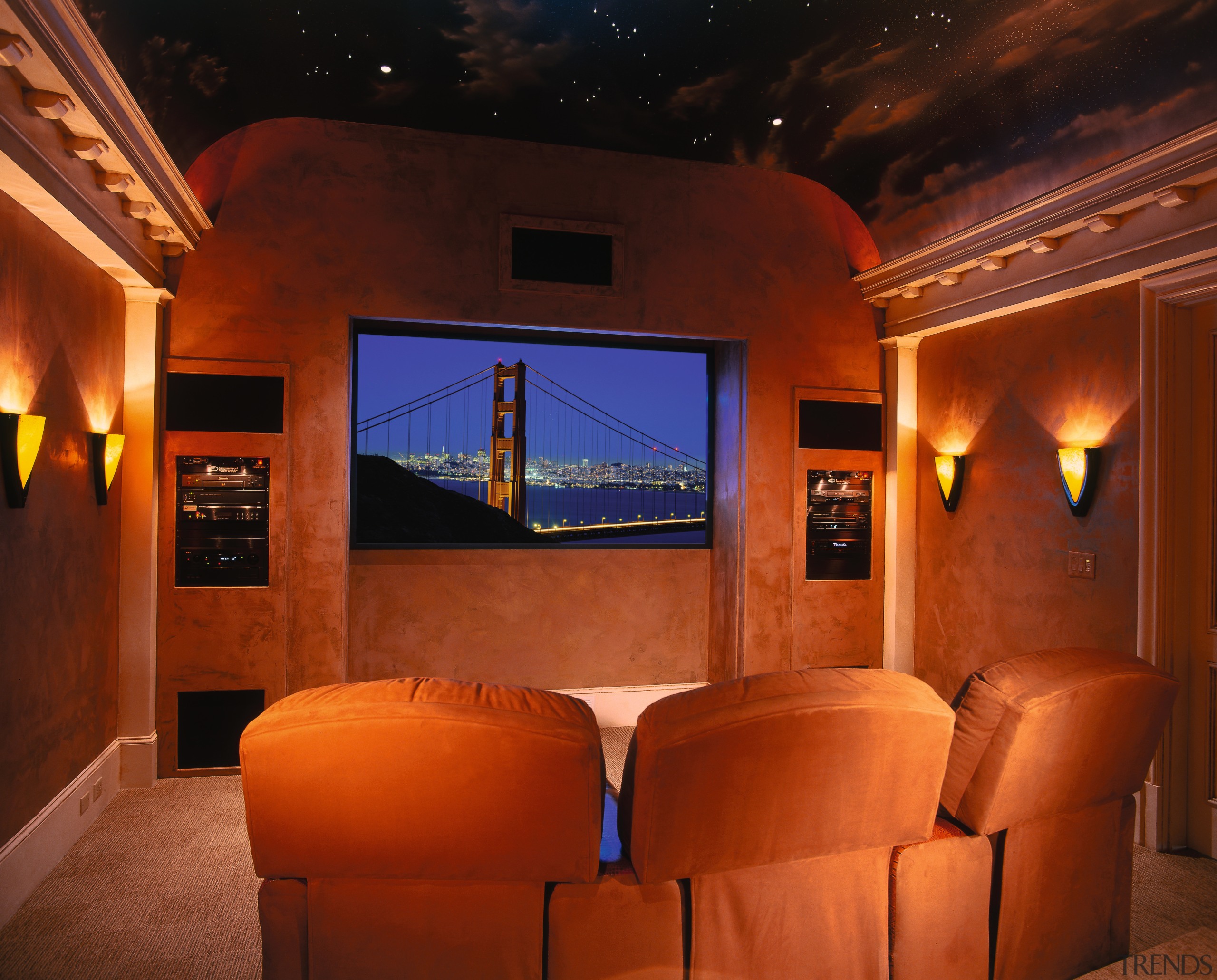 View of home theatre room with orange coloured ceiling, entertainment, home, interior design, lighting, room, theatre, red
