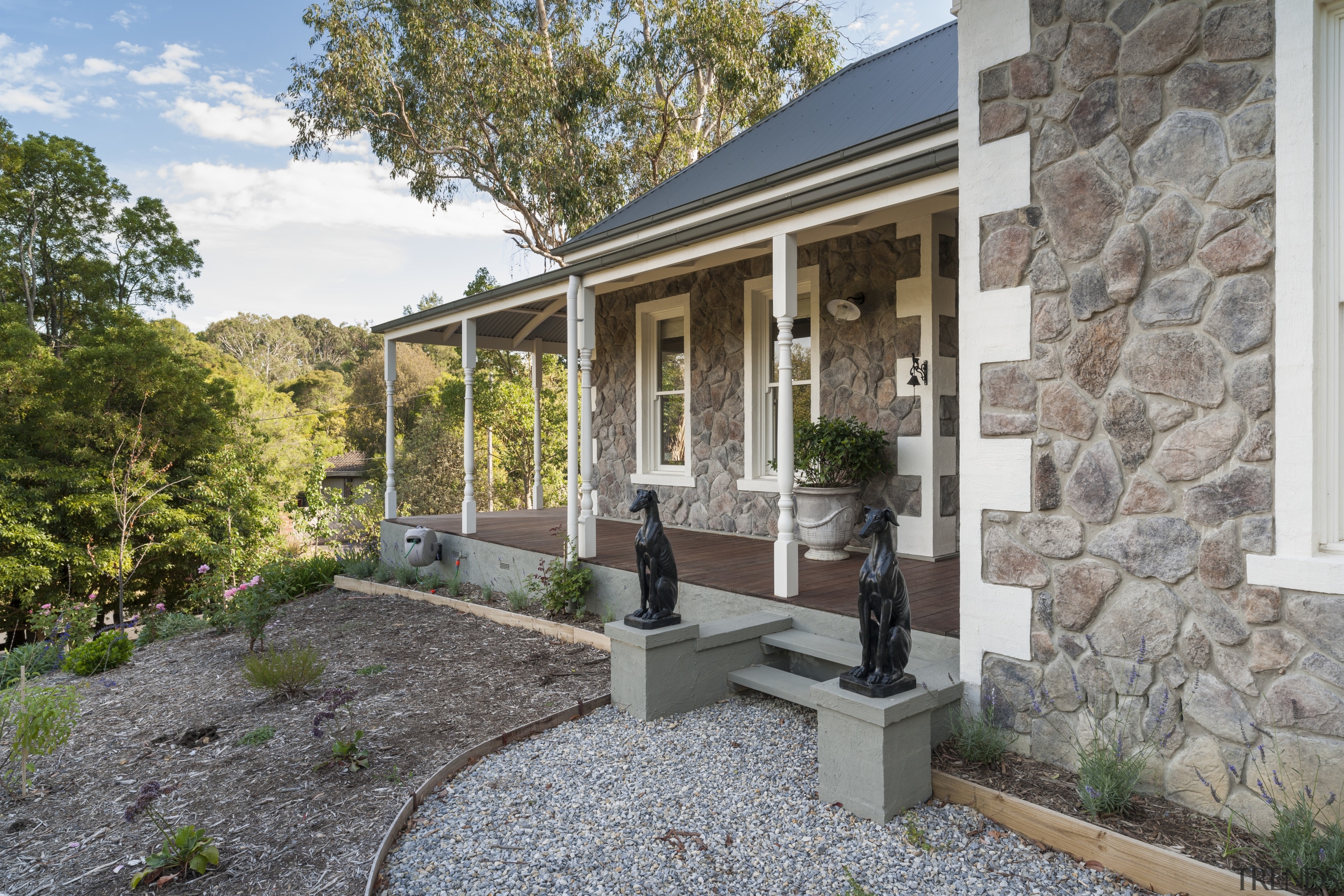 Stone cottage-style new home - Stone cottage-style new backyard, cottage, courtyard, estate, facade, home, house, landscape, property, real estate, window, yard, gray