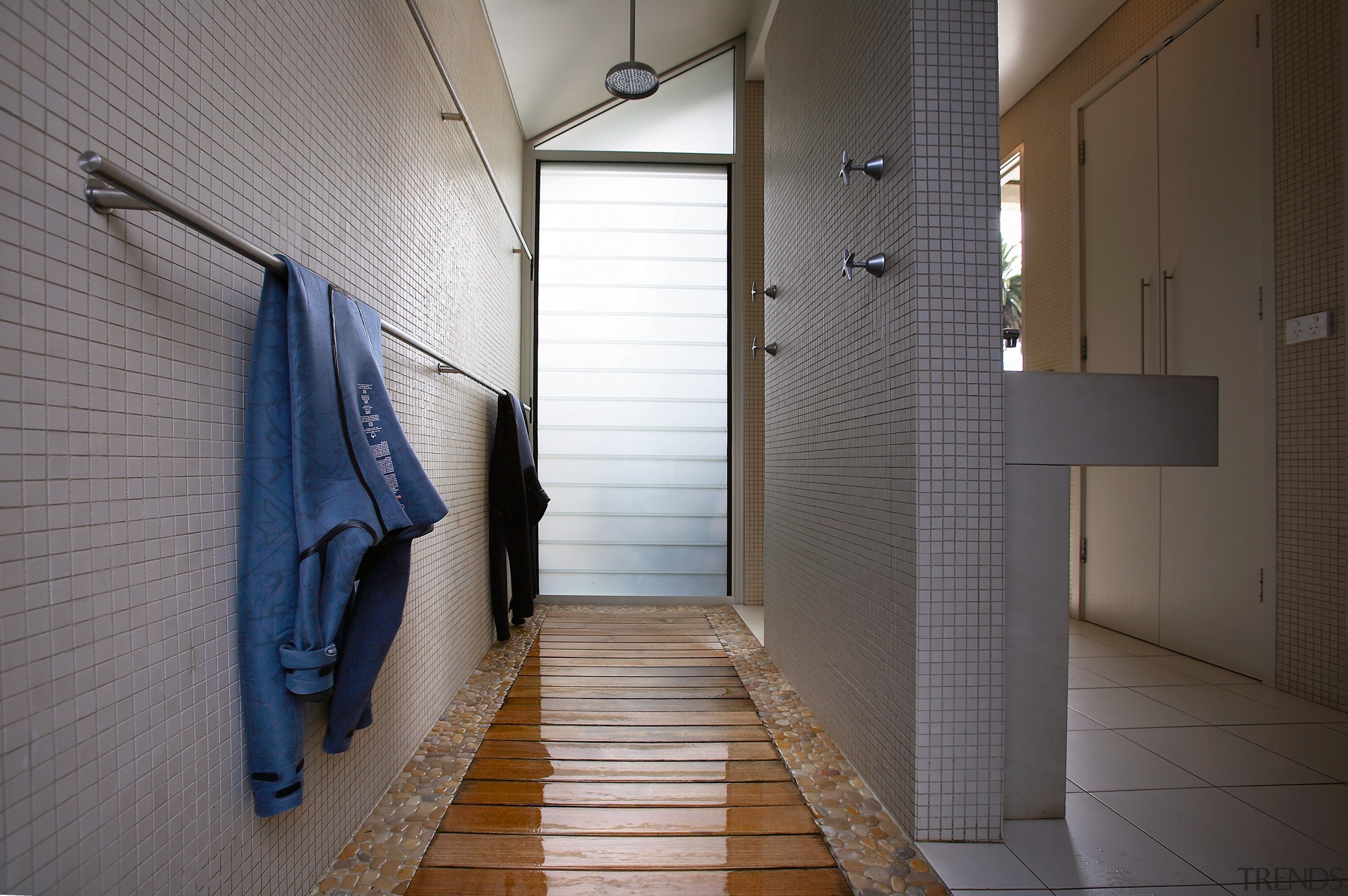 A view of the wood slate boardwalk and architecture, daylighting, floor, house, interior design, window, wood, gray