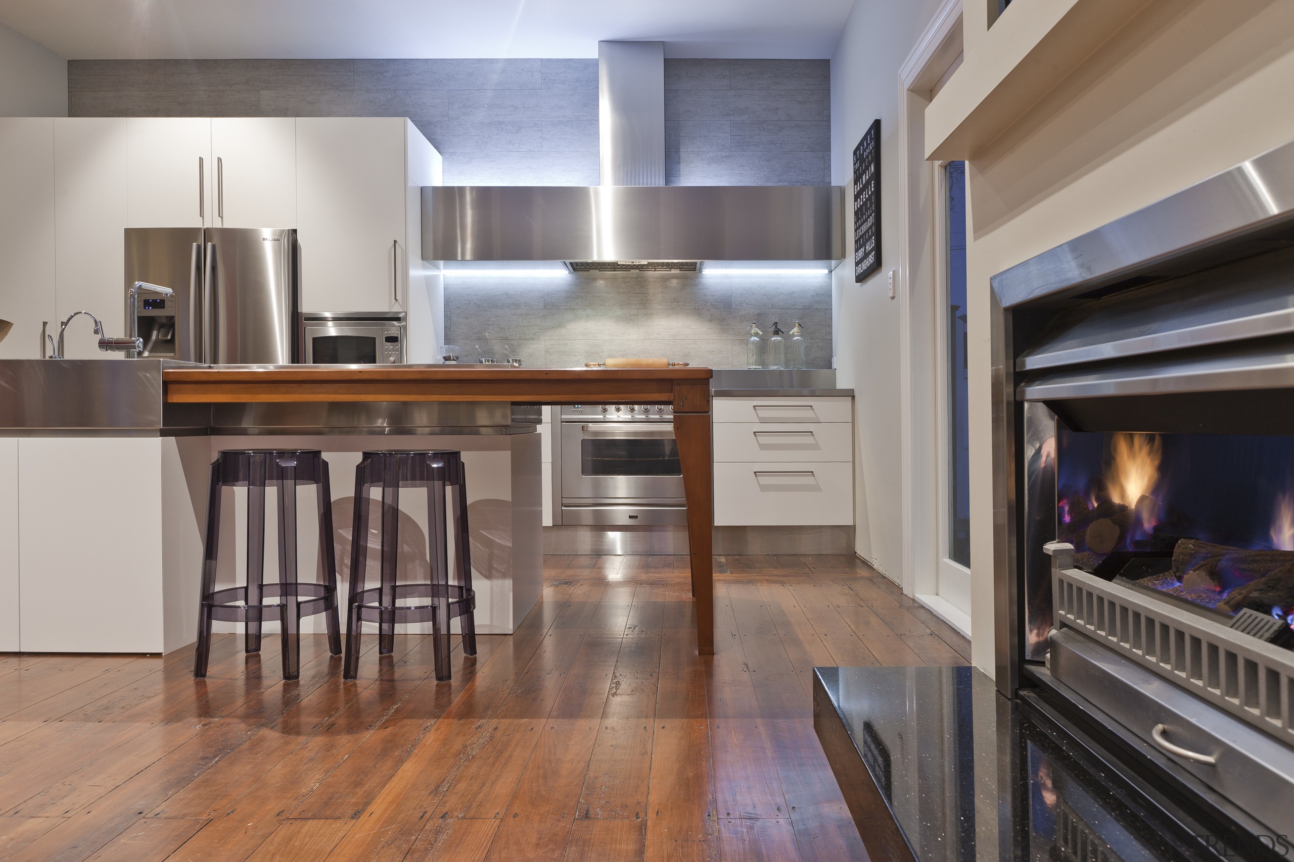 View of contemporary renovated kitchen featuring timber floors, cabinetry, countertop, cuisine classique, floor, flooring, hardwood, interior design, kitchen, laminate flooring, real estate, room, wood, wood flooring, gray