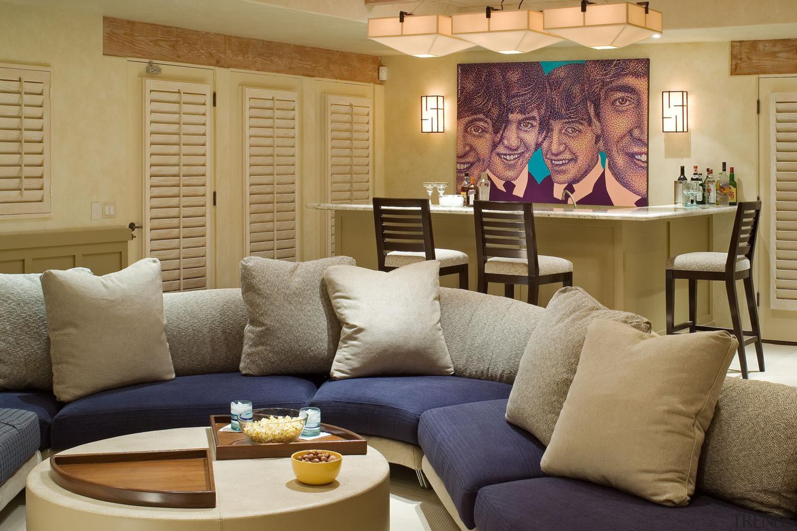 Our aesthetic is characterized by diversity and unified couch, furniture, home, interior design, living room, room, table, wall, brown, orange