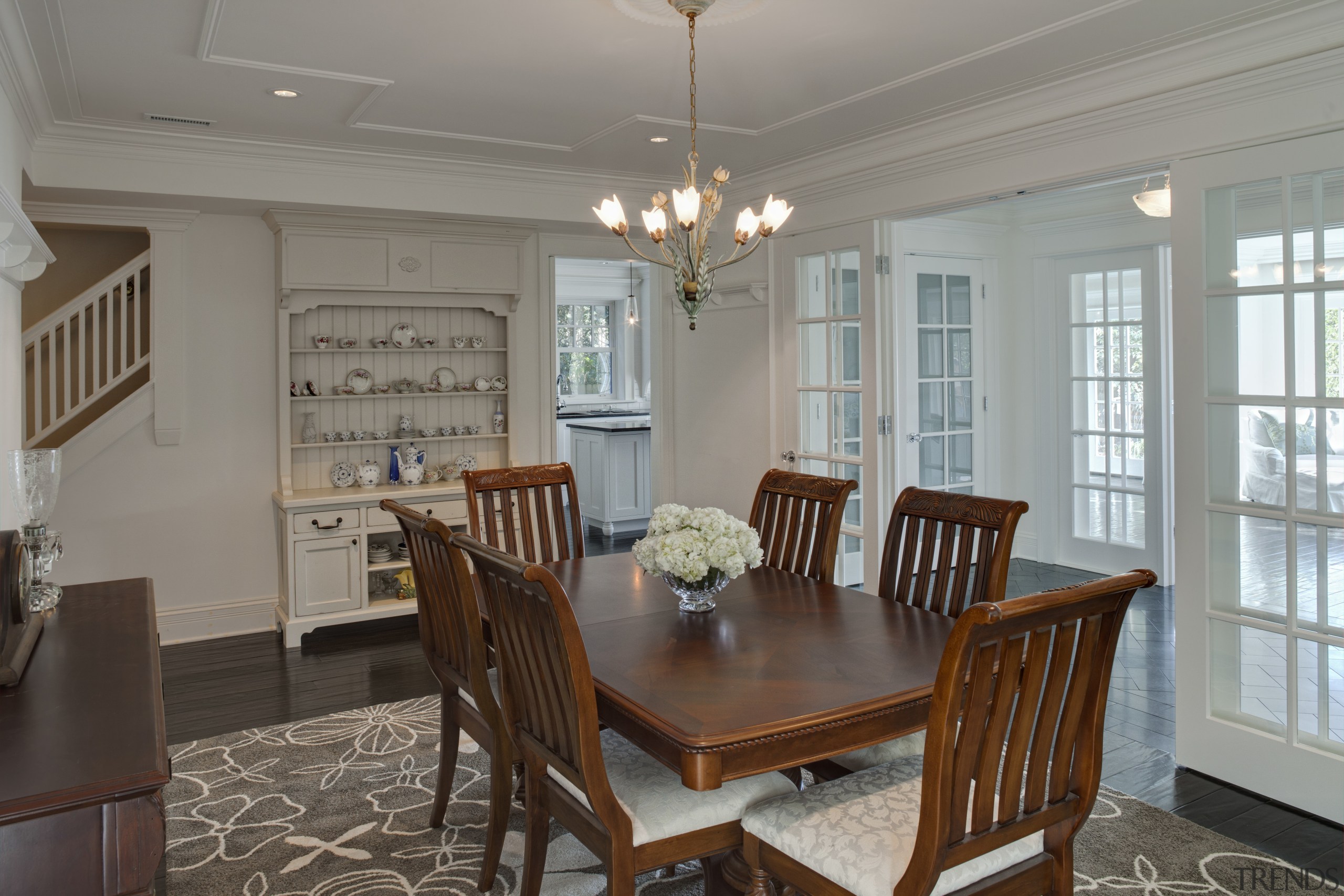 View of dining area in 1950's remodelled lakefront ceiling, dining room, estate, home, house, interior design, living room, property, real estate, room, table, window, gray