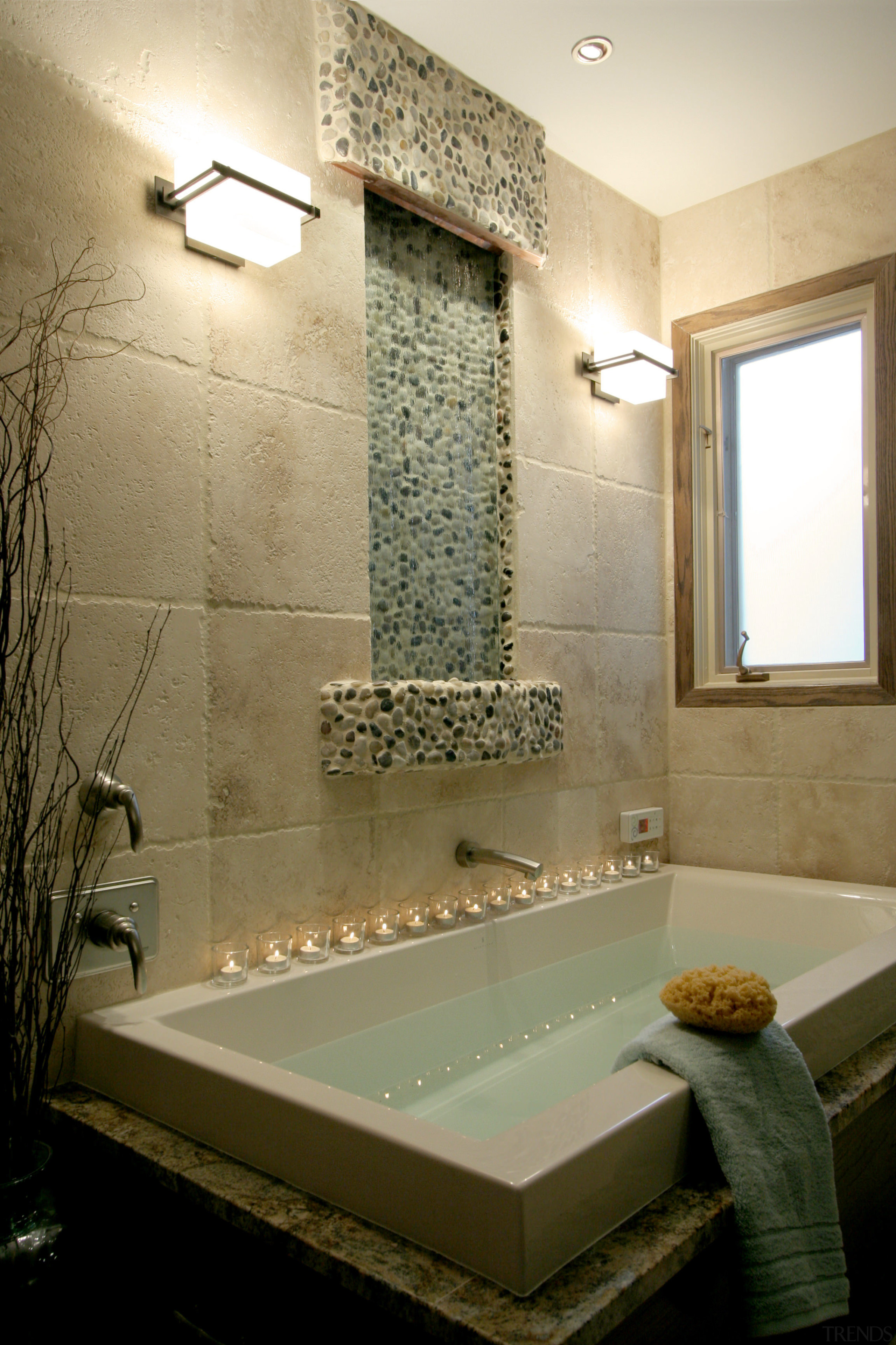 Image of bathroom which has beenn designed with architecture, bathroom, ceiling, floor, interior design, room, tile, wall, brown