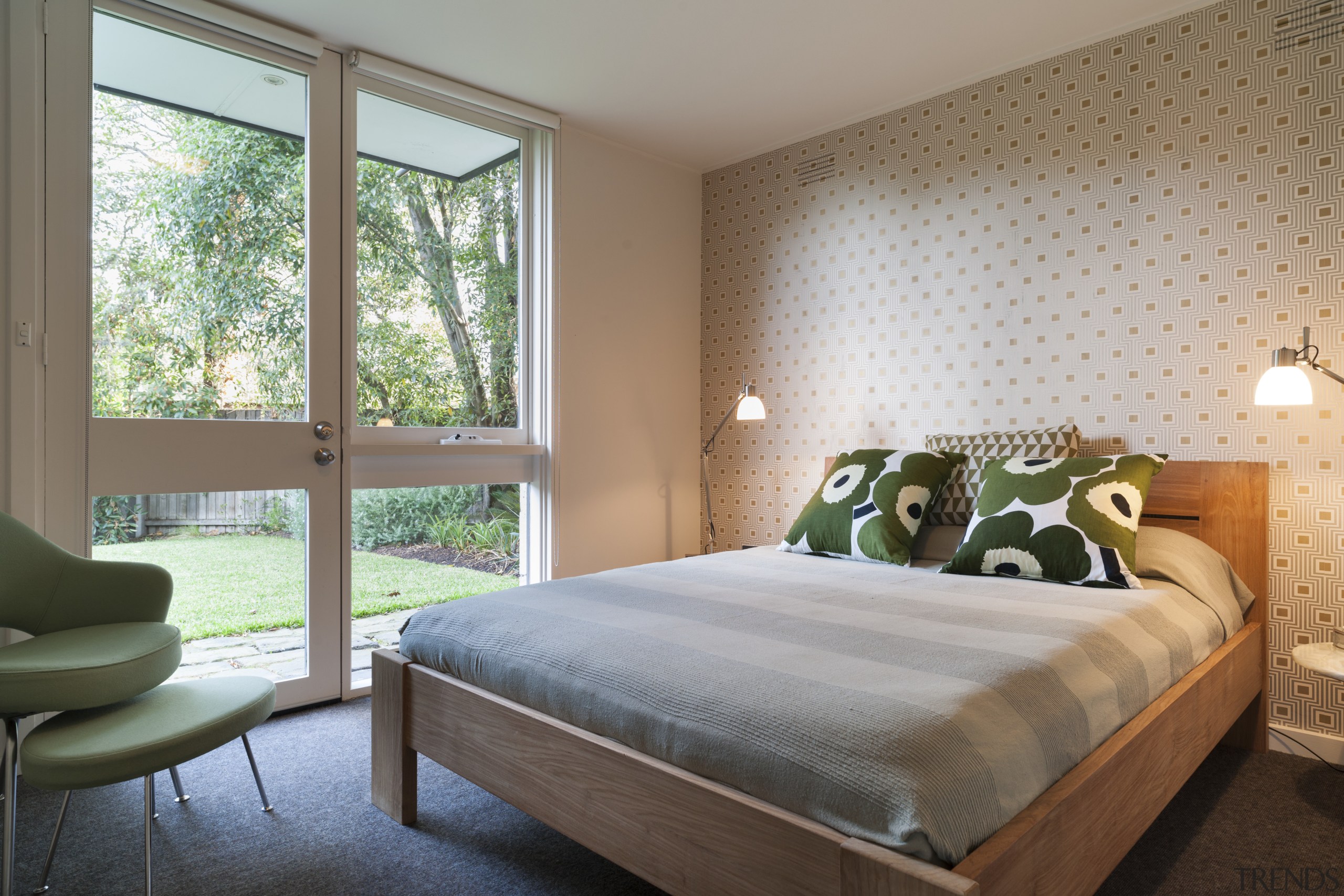 Bedroom in renovated Mid-century Modern house designed in architecture, bed, bed frame, bedroom, ceiling, estate, furniture, home, house, interior design, real estate, room, suite, window, window covering, window treatment, gray, brown