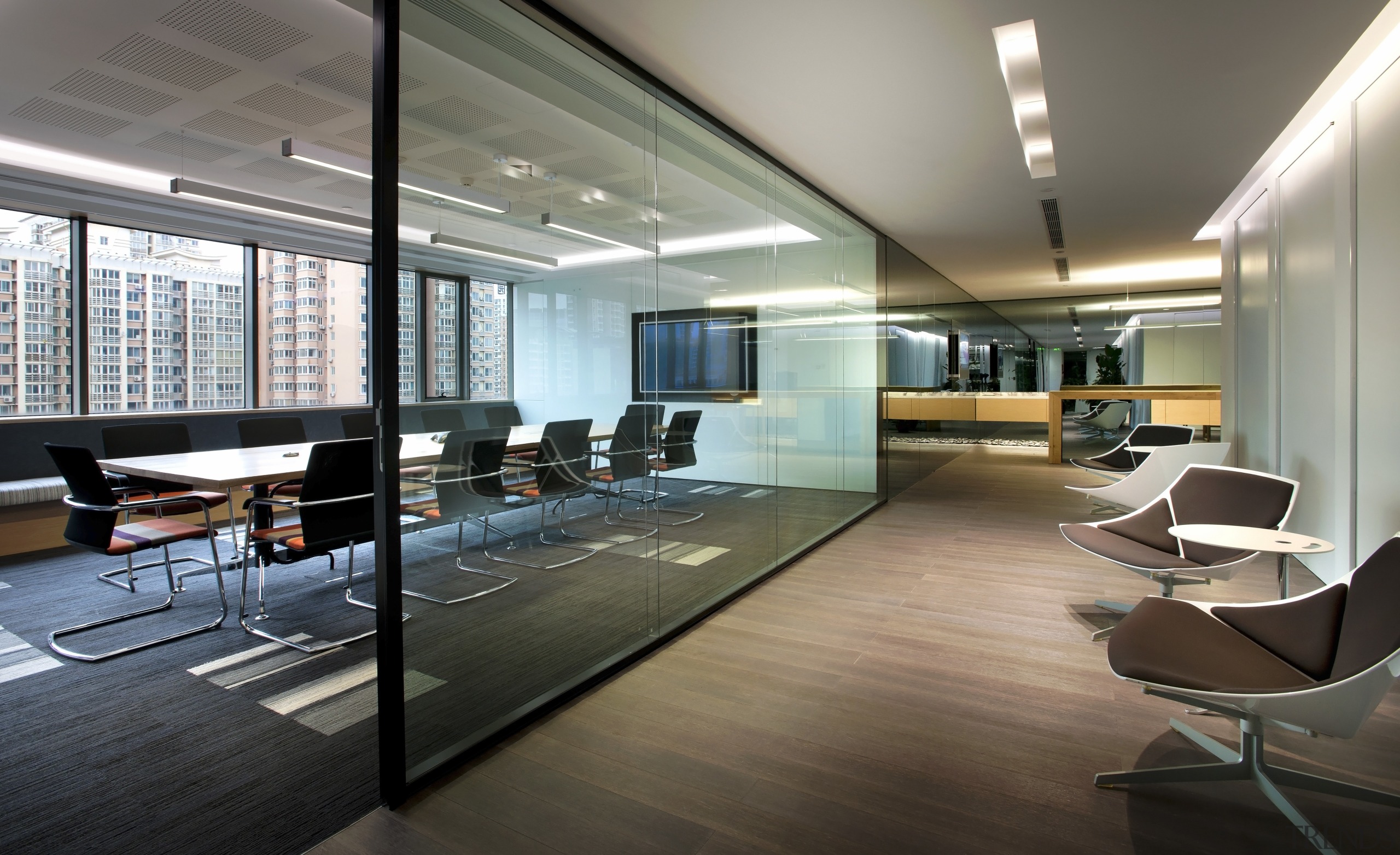 Glass walls are used as whiteboards in the architecture, ceiling, daylighting, floor, flooring, interior design, lobby, office, real estate, gray, black