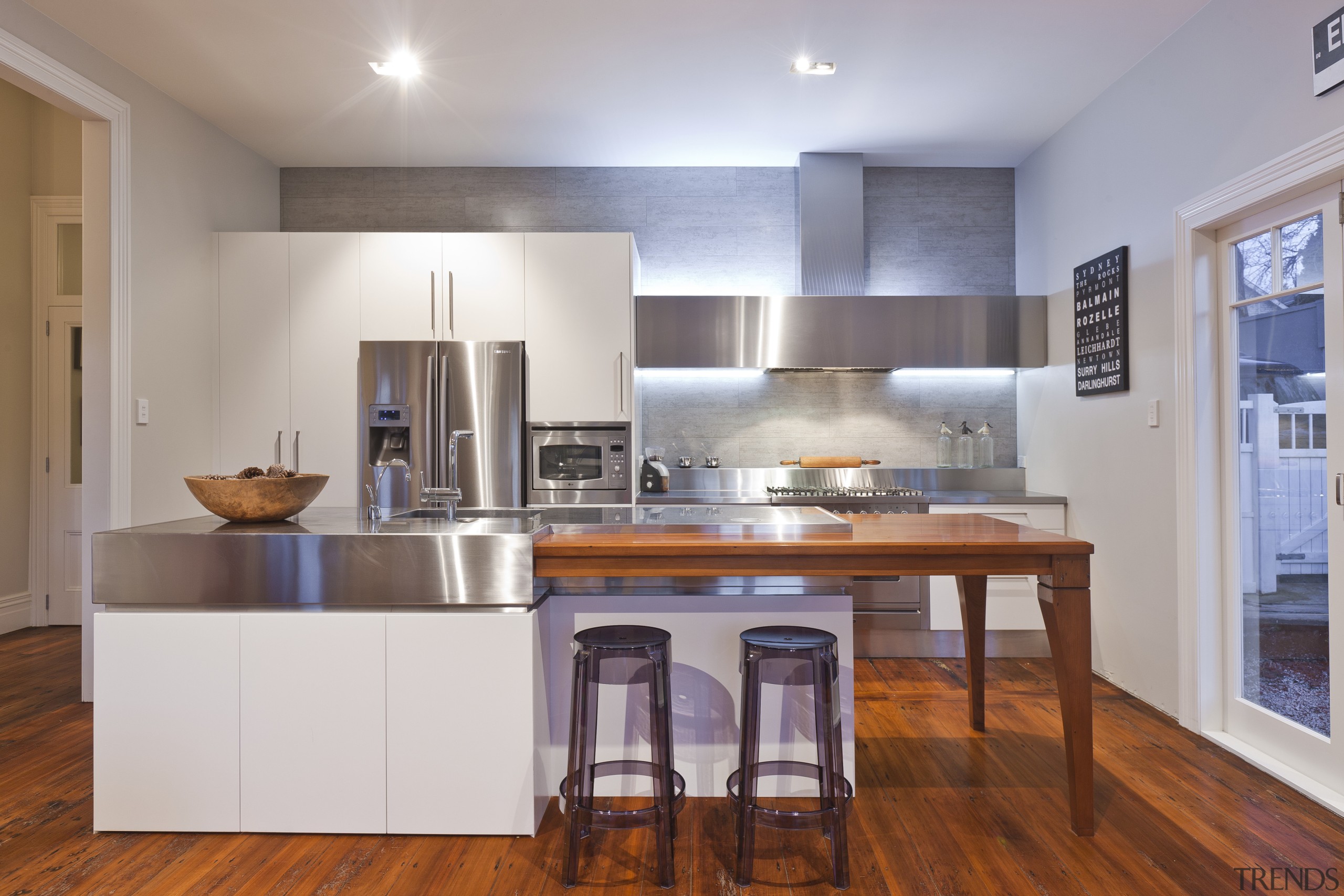 View of contemporary renovated kitchen featuring timber floors, cabinetry, countertop, cuisine classique, hardwood, interior design, kitchen, real estate, room, gray