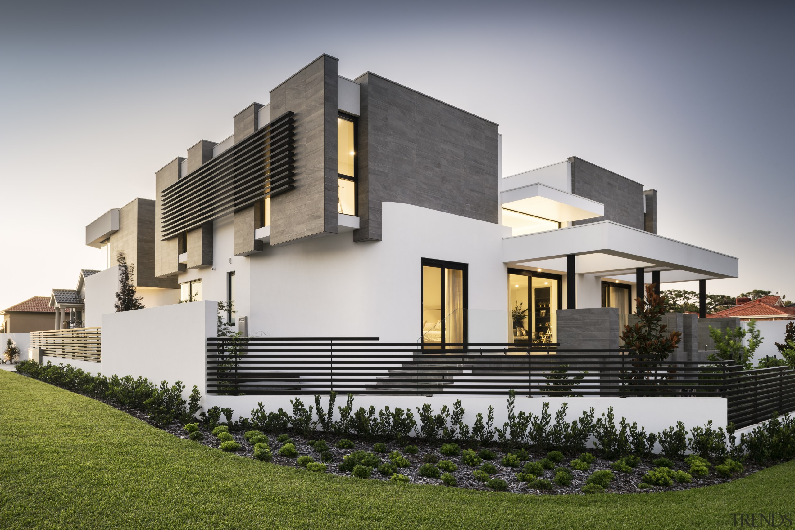 Front corner of contemporary new home by Urbane architecture, building, elevation, estate, facade, home, house, official residence, property, real estate, residential area, villa, gray