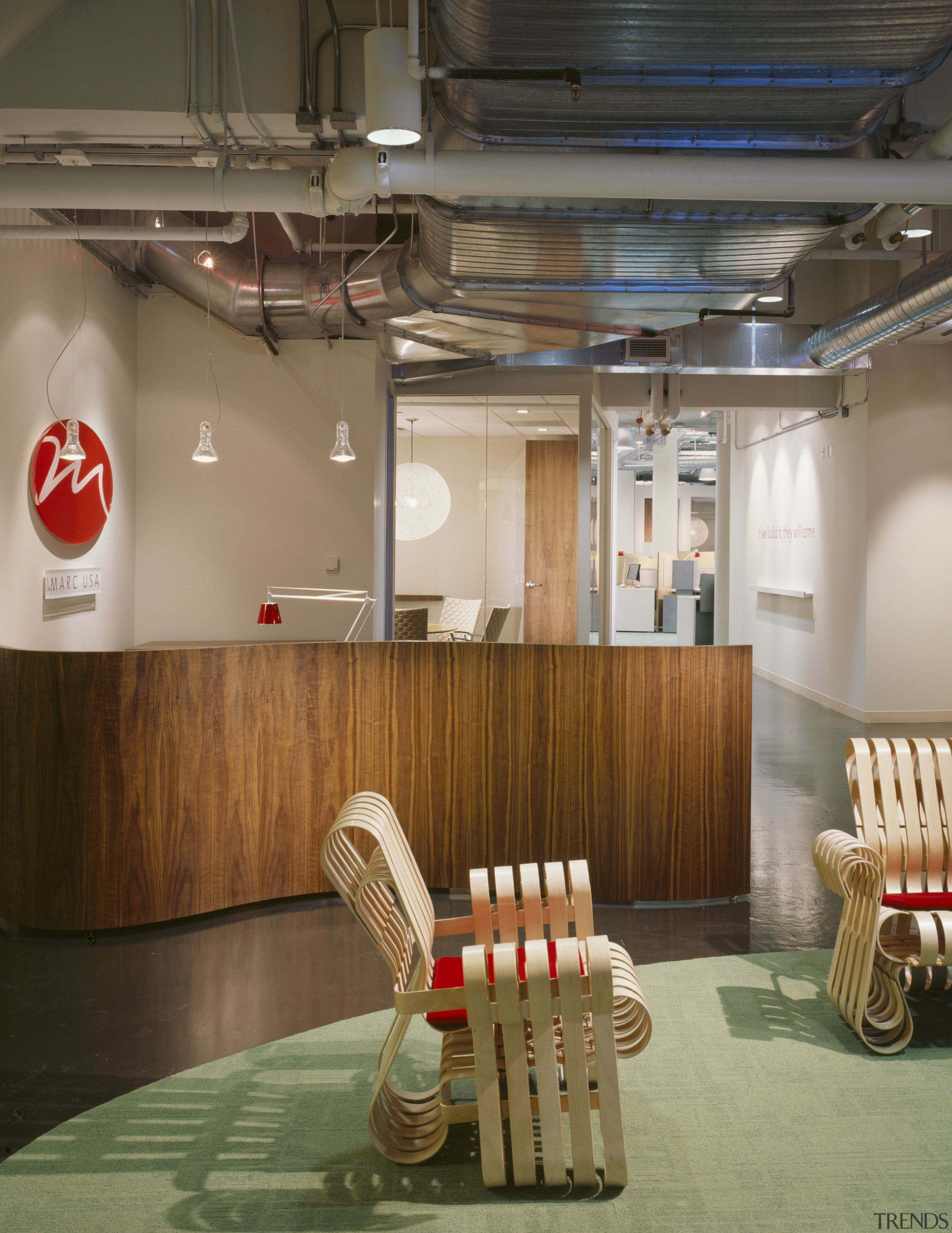 A view of the Marcs office reception area ceiling, furniture, interior design, table, brown