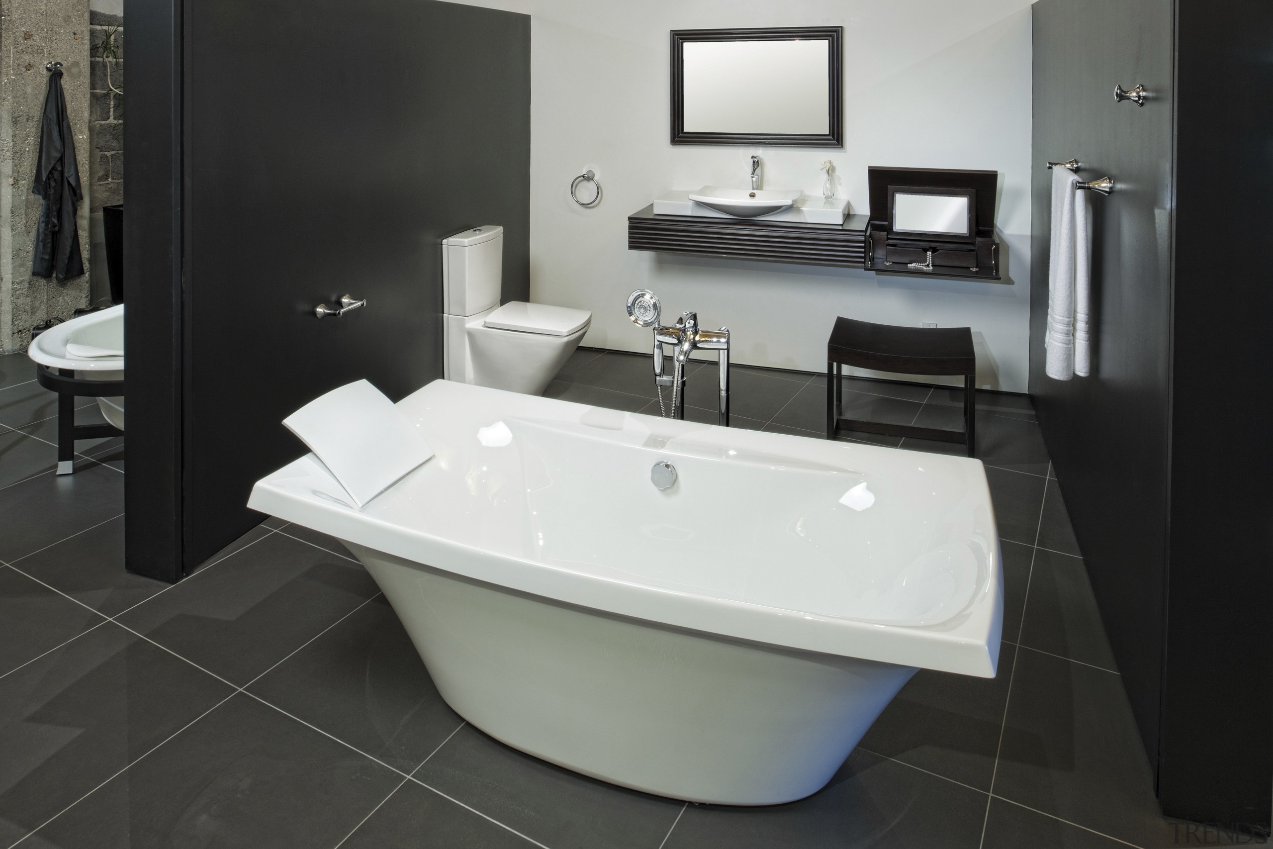 View of bathroom suites. - View of bathroom bathroom, bathroom sink, bathtub, floor, interior design, plumbing fixture, product design, room, sink, black, gray