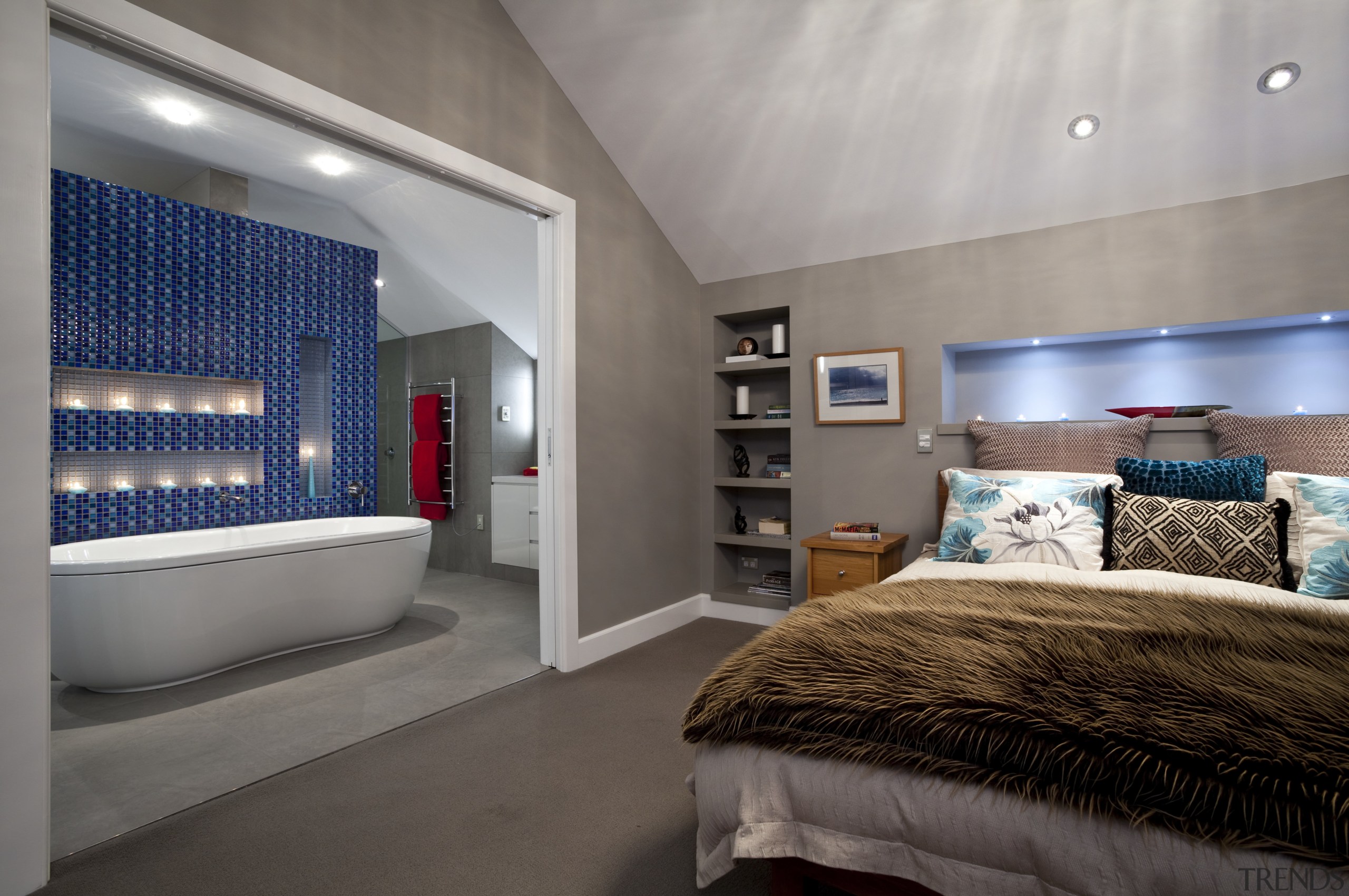 View of contemporary bedroom with ensuite featuring blue architecture, bedroom, ceiling, estate, floor, interior design, real estate, room, suite, wall, gray