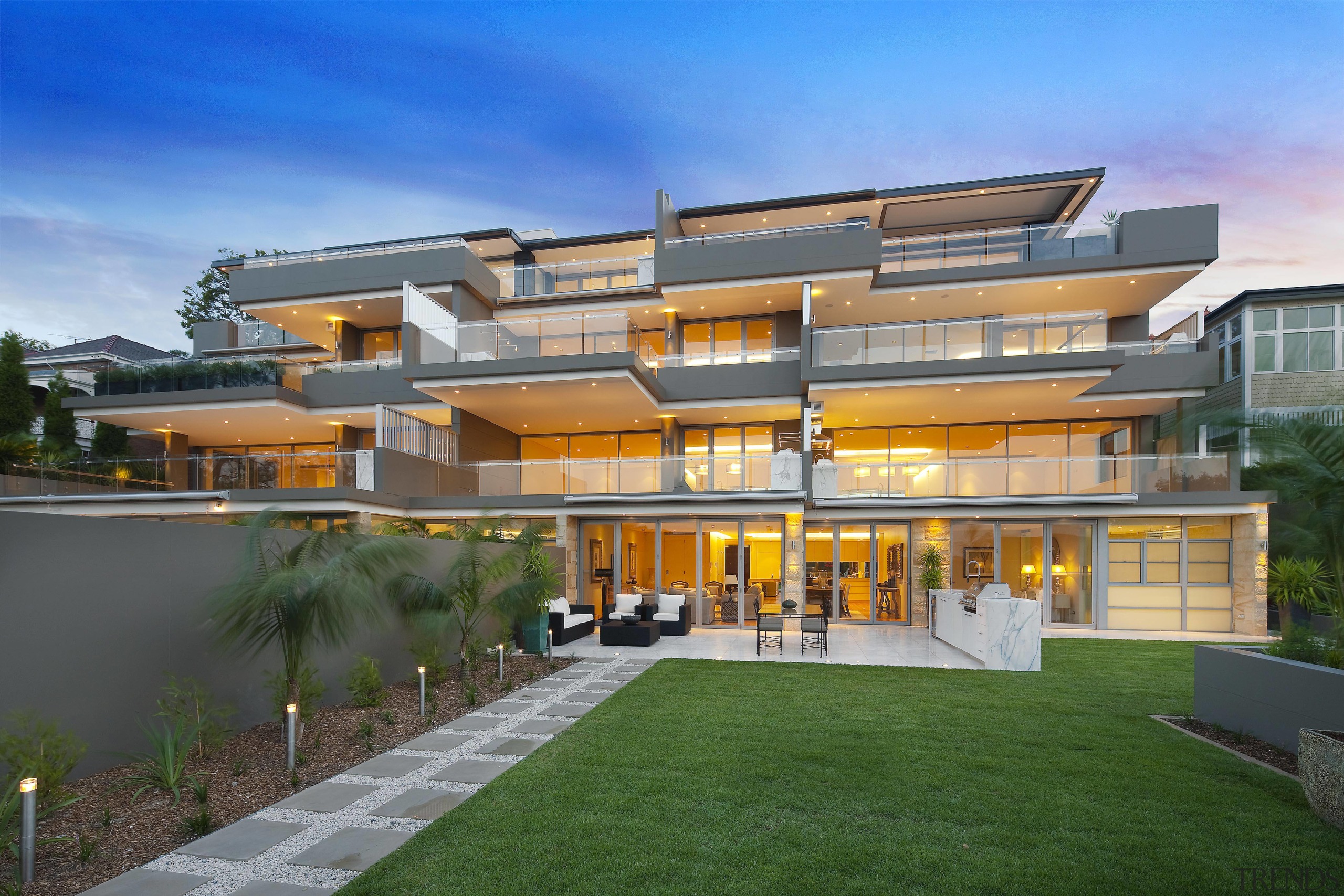 View of apartment with lounge opening out to apartment, architecture, building, commercial building, condominium, corporate headquarters, elevation, estate, facade, home, house, mixed use, official residence, property, real estate, residential area, villa