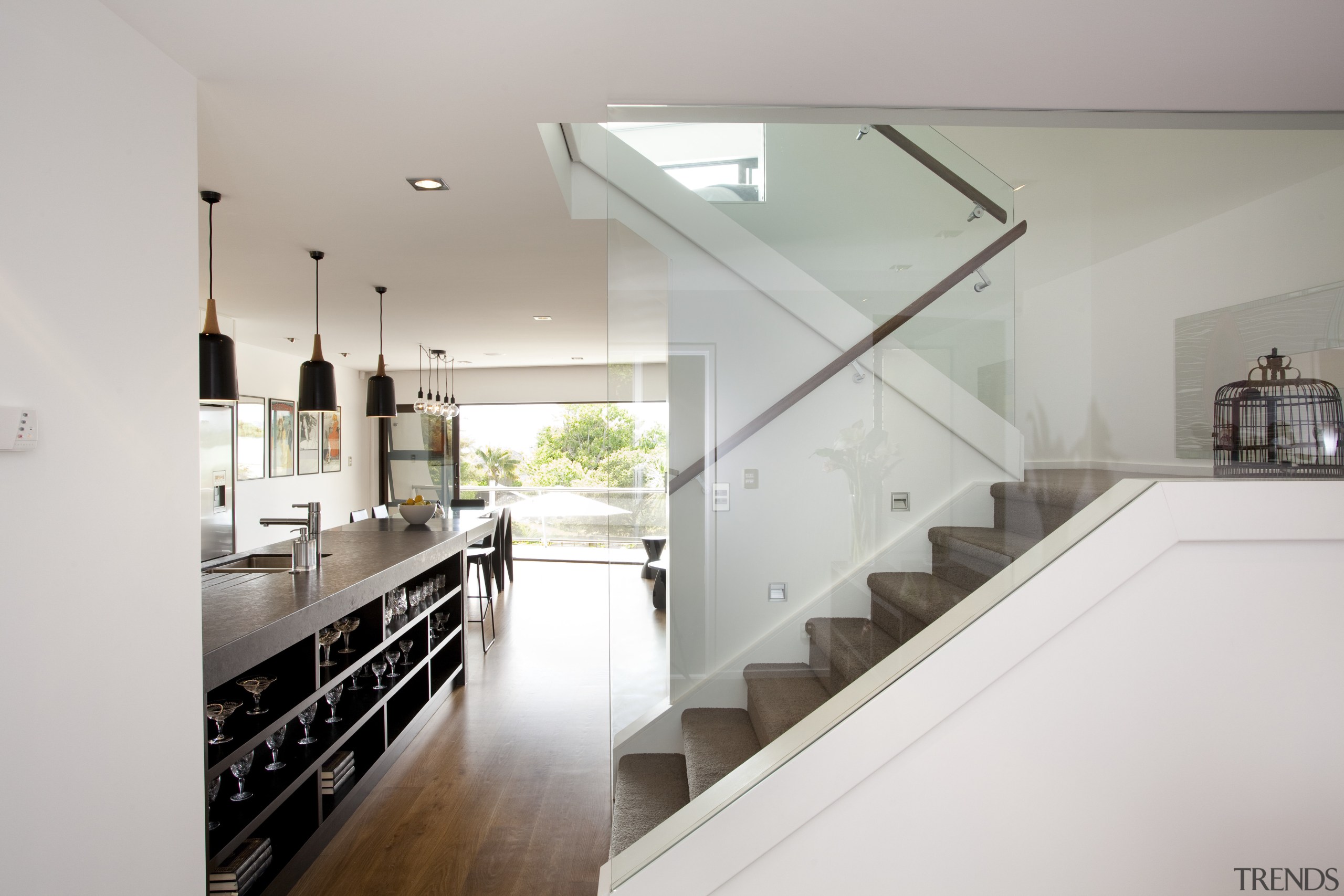 Stripped right back, wiring and all  this architecture, countertop, daylighting, handrail, house, interior design, kitchen, property, real estate, stairs, gray