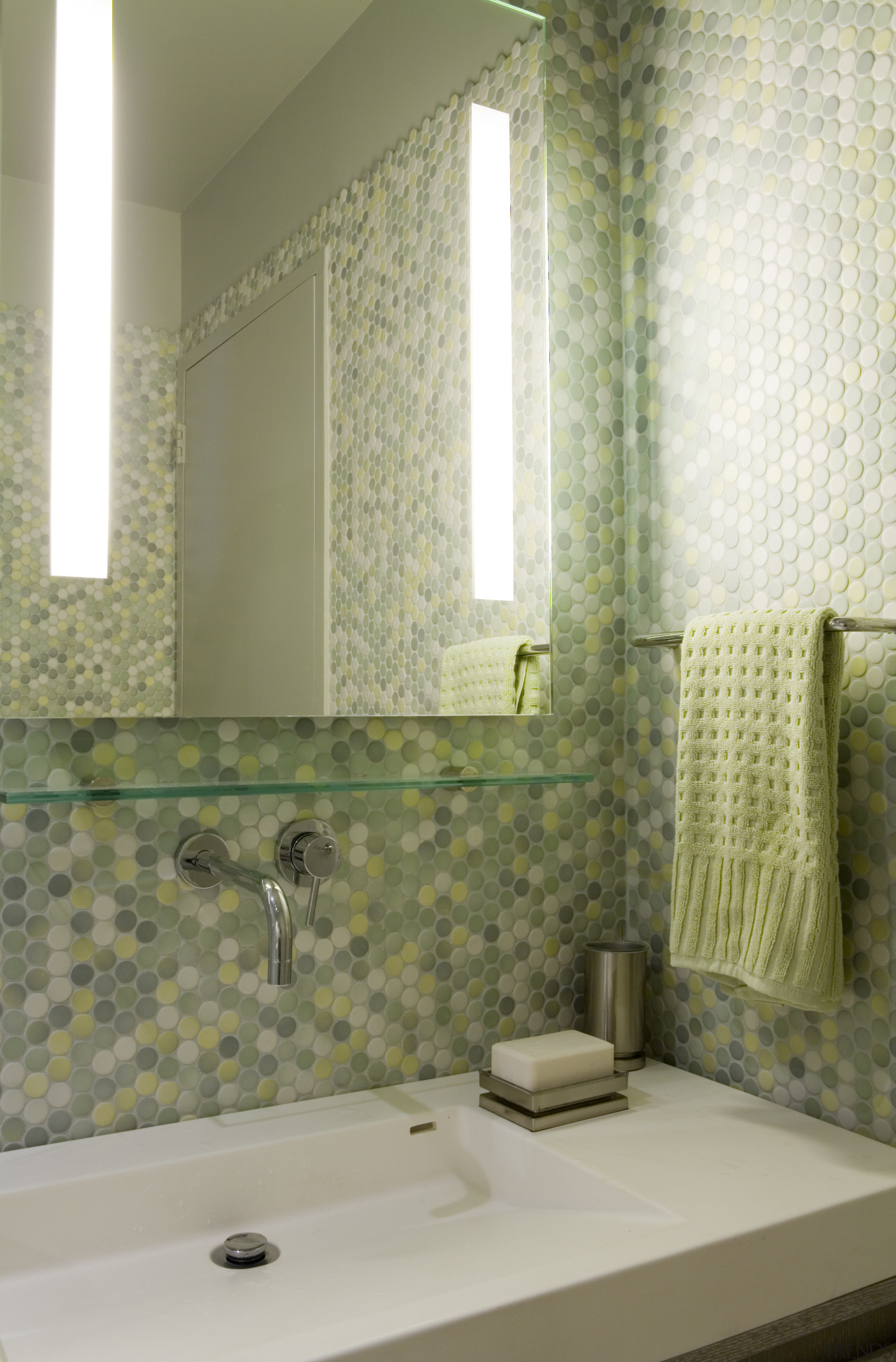 This guest bathroom in a modern apartment remodel bathroom, daylighting, floor, flooring, home, interior design, plumbing fixture, room, tile, wall, window, window treatment, brown, white