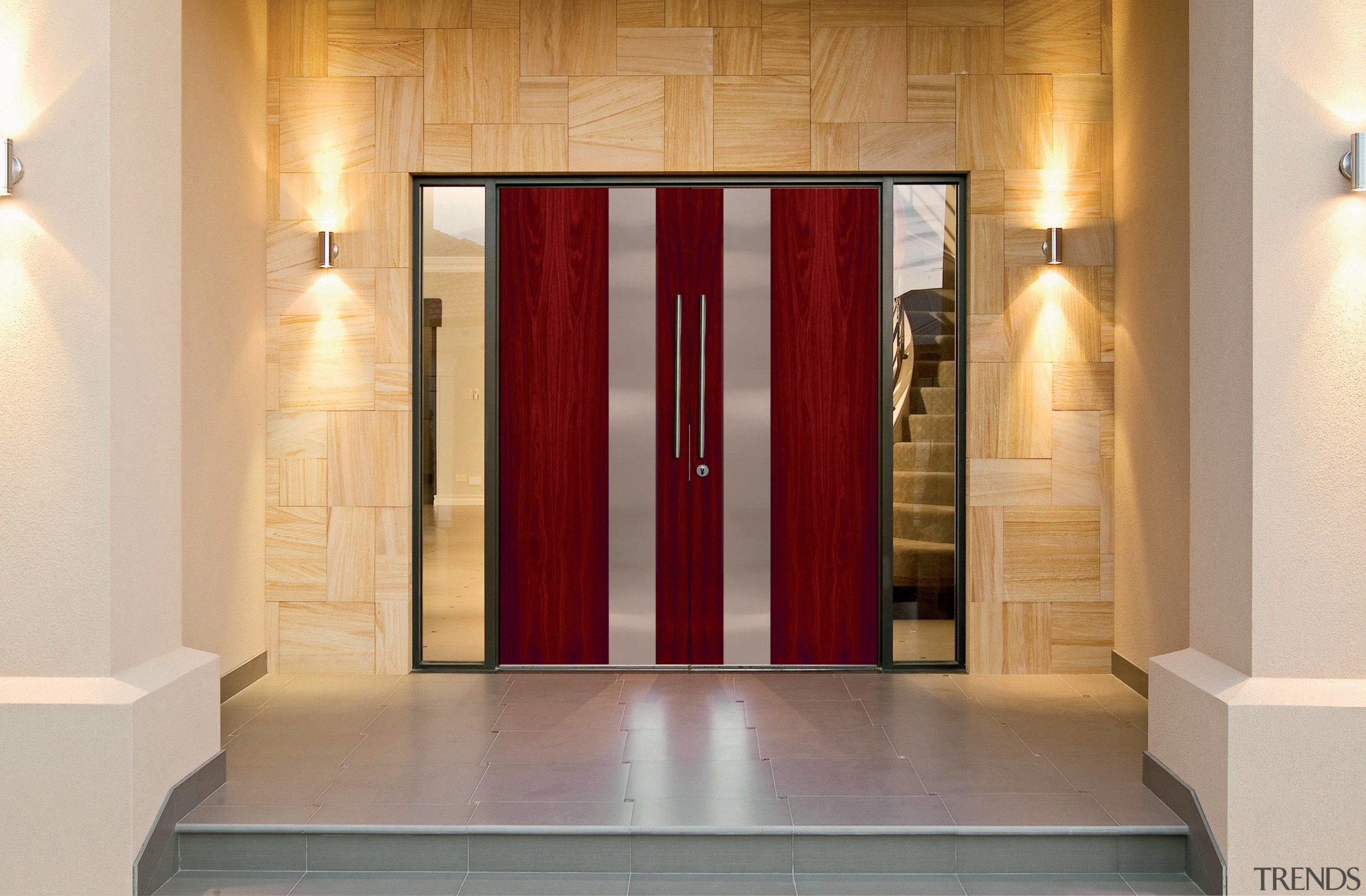 A view of a door from William Russell door, floor, flooring, interior design, lobby, gray, orange