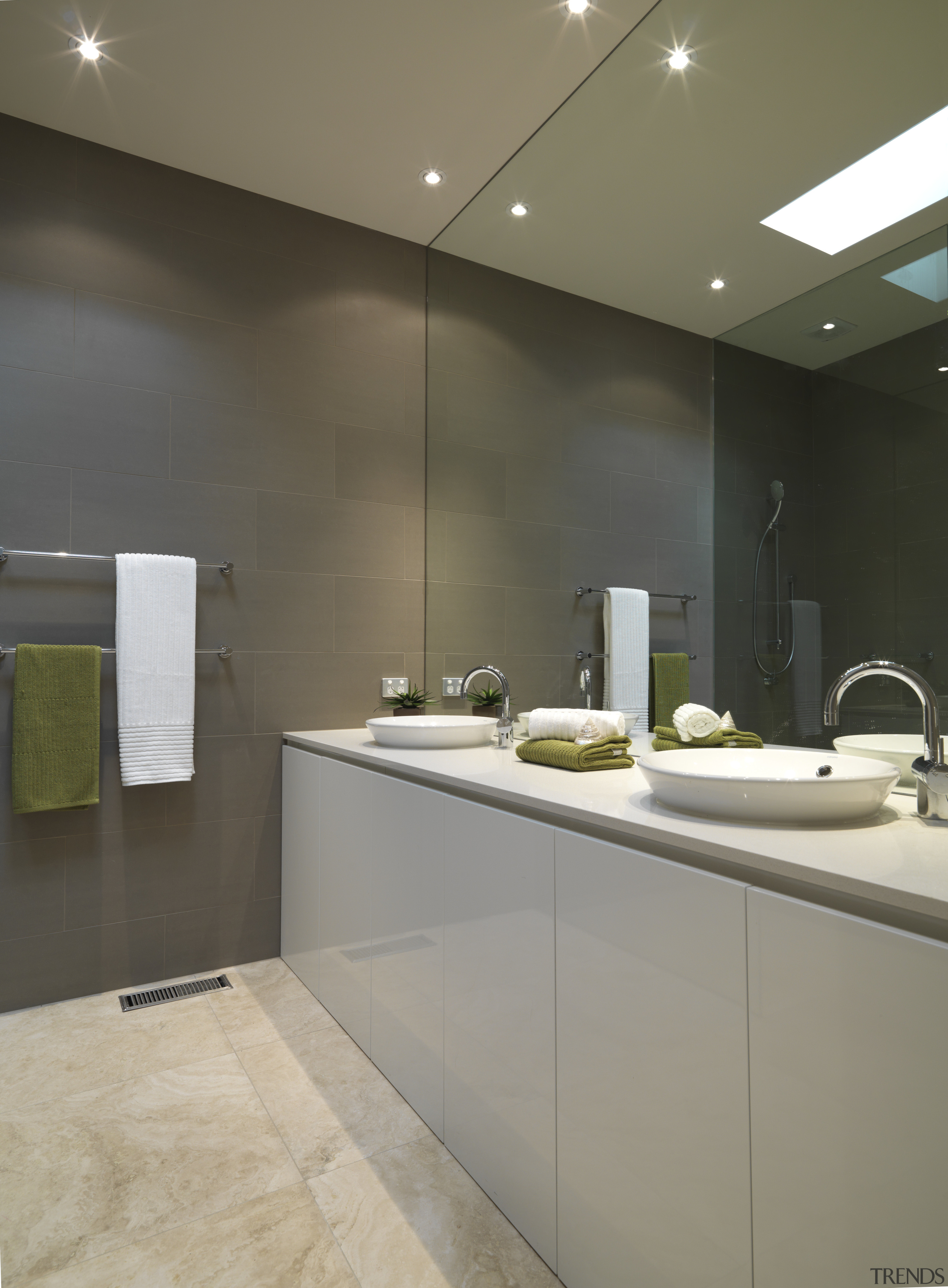 View of bathroom featuring vanity with CaesarStone tops, bathroom, ceiling, countertop, floor, interior design, kitchen, sink, gray