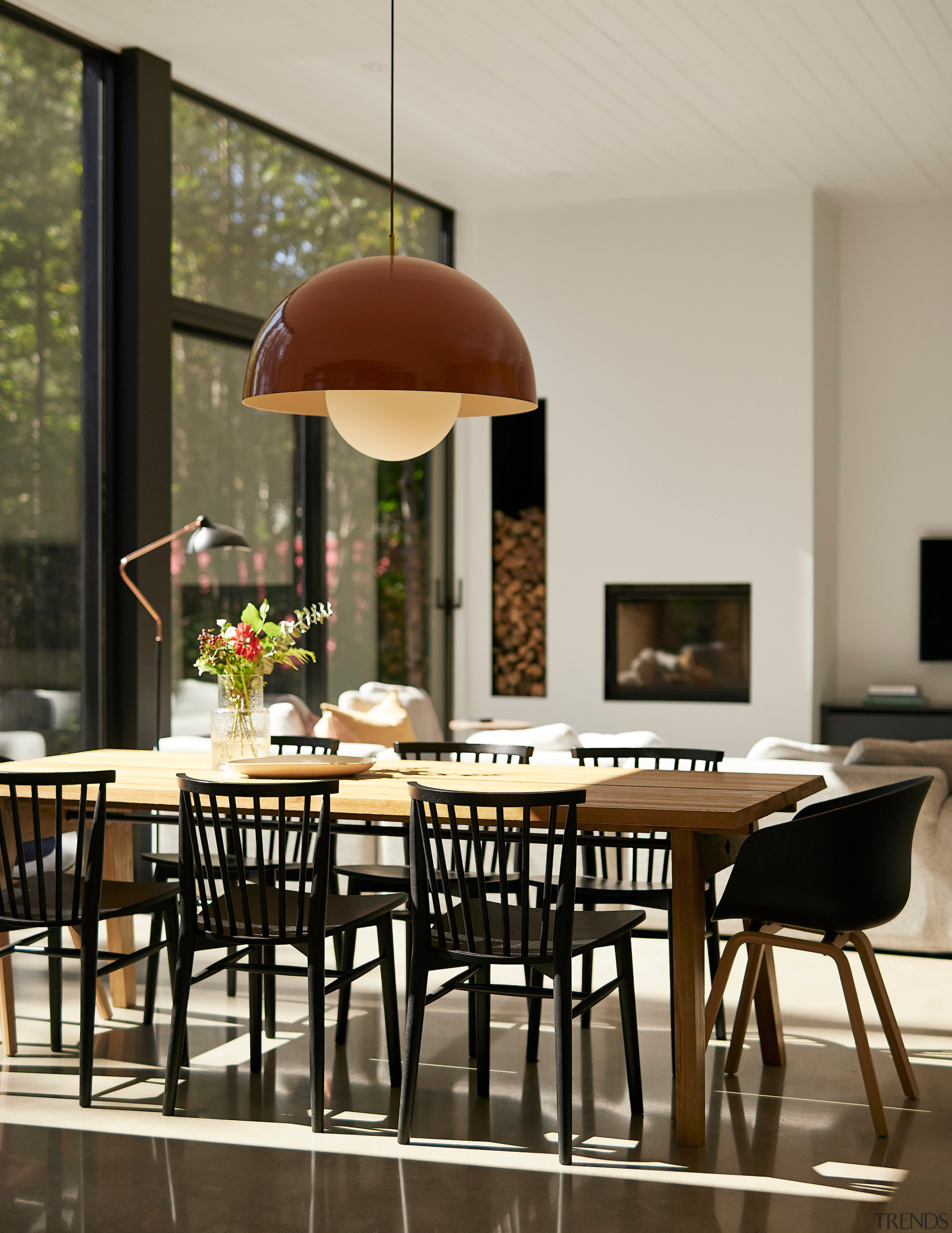 Dining area under a soaring ceiling. - A 