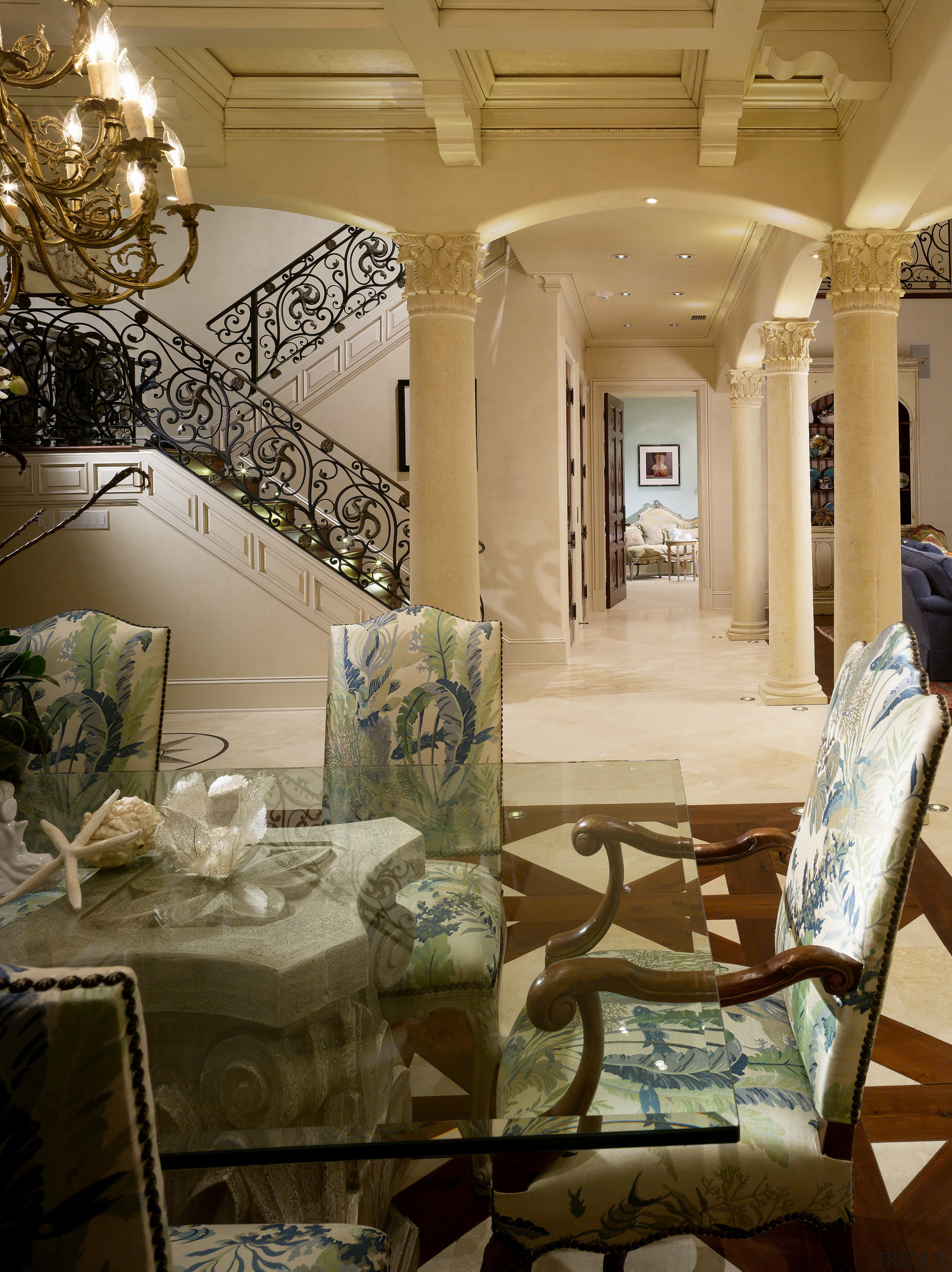 View of the formal dining room which features ceiling, furniture, home, interior design, living room, lobby, room, table, brown, orange