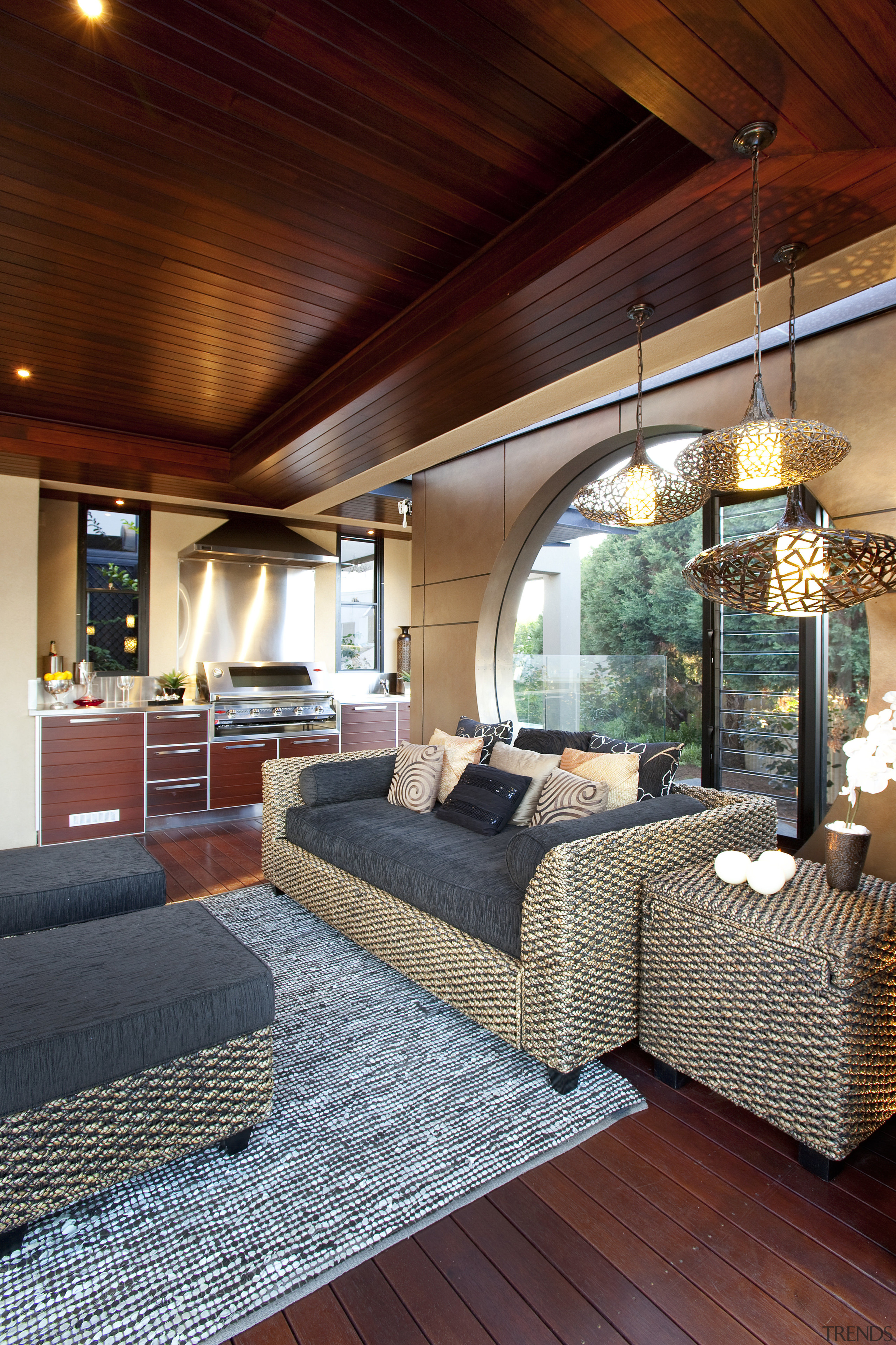 View of covered pavilion which features a lounge architecture, ceiling, estate, home, house, interior design, living room, real estate, room, wood, red