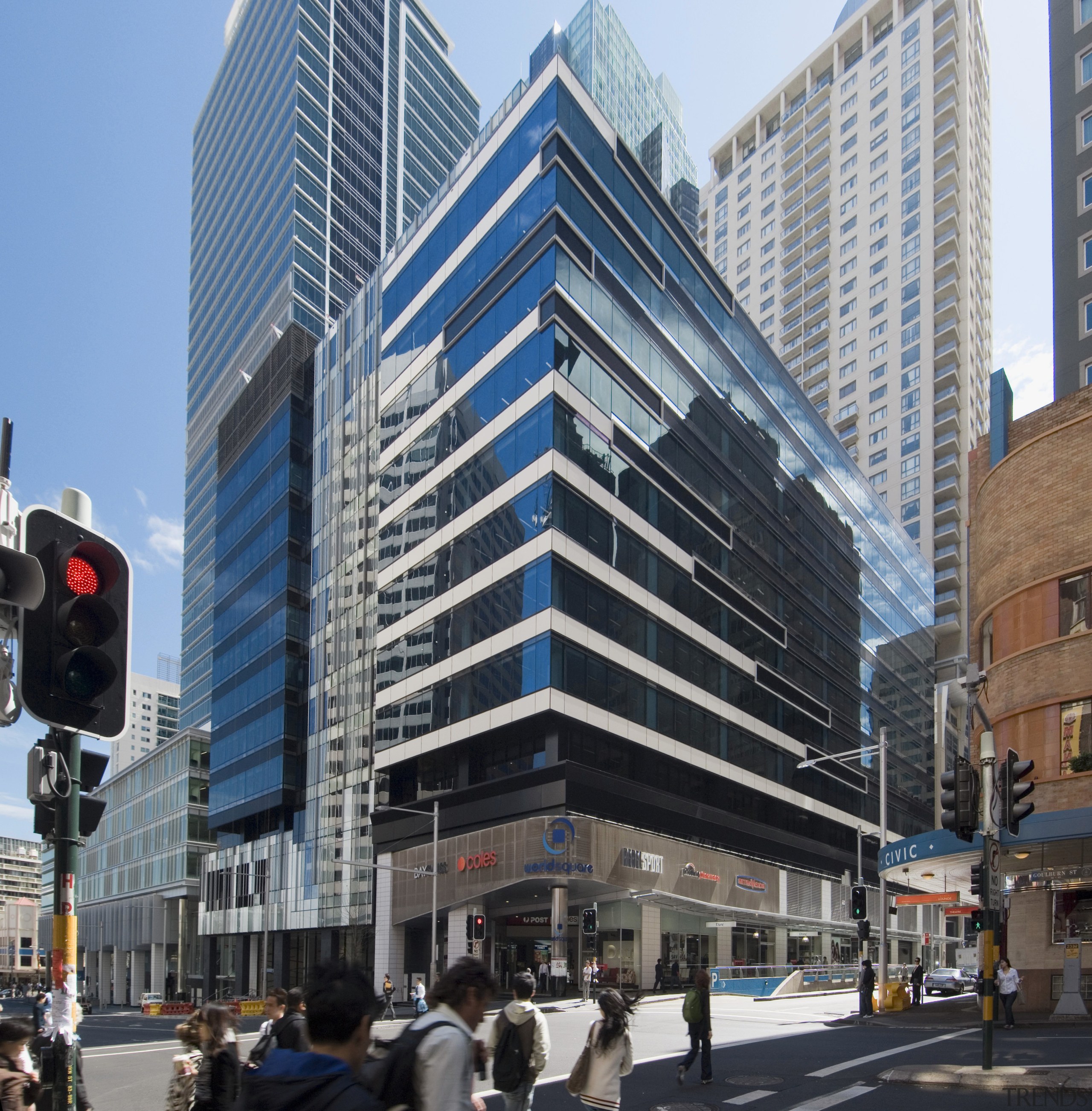 Exterior view of the building featuring doors and apartment, architecture, building, city, commercial building, condominium, corporate headquarters, daytime, downtown, facade, headquarters, infrastructure, landmark, metropolis, metropolitan area, mixed use, neighbourhood, plaza, real estate, sky, skyscraper, street, tower block, urban area, gray, black