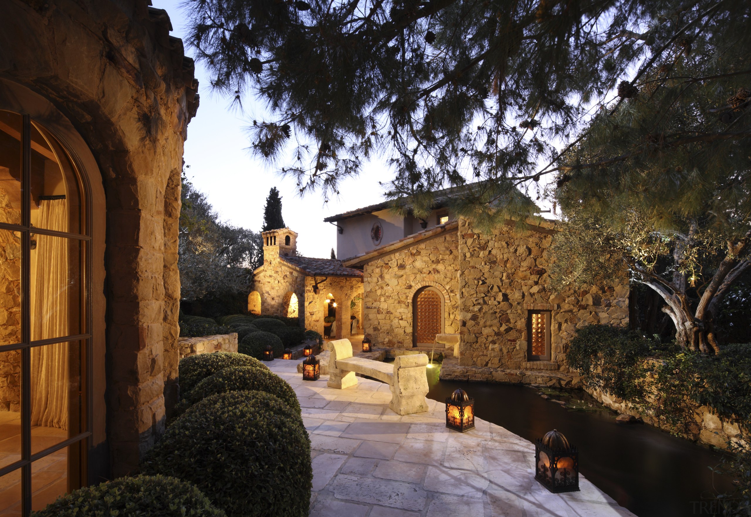 View of path with light features landscaping. - estate, hacienda, historic site, home, landscape, sky, tourist attraction, tree, black