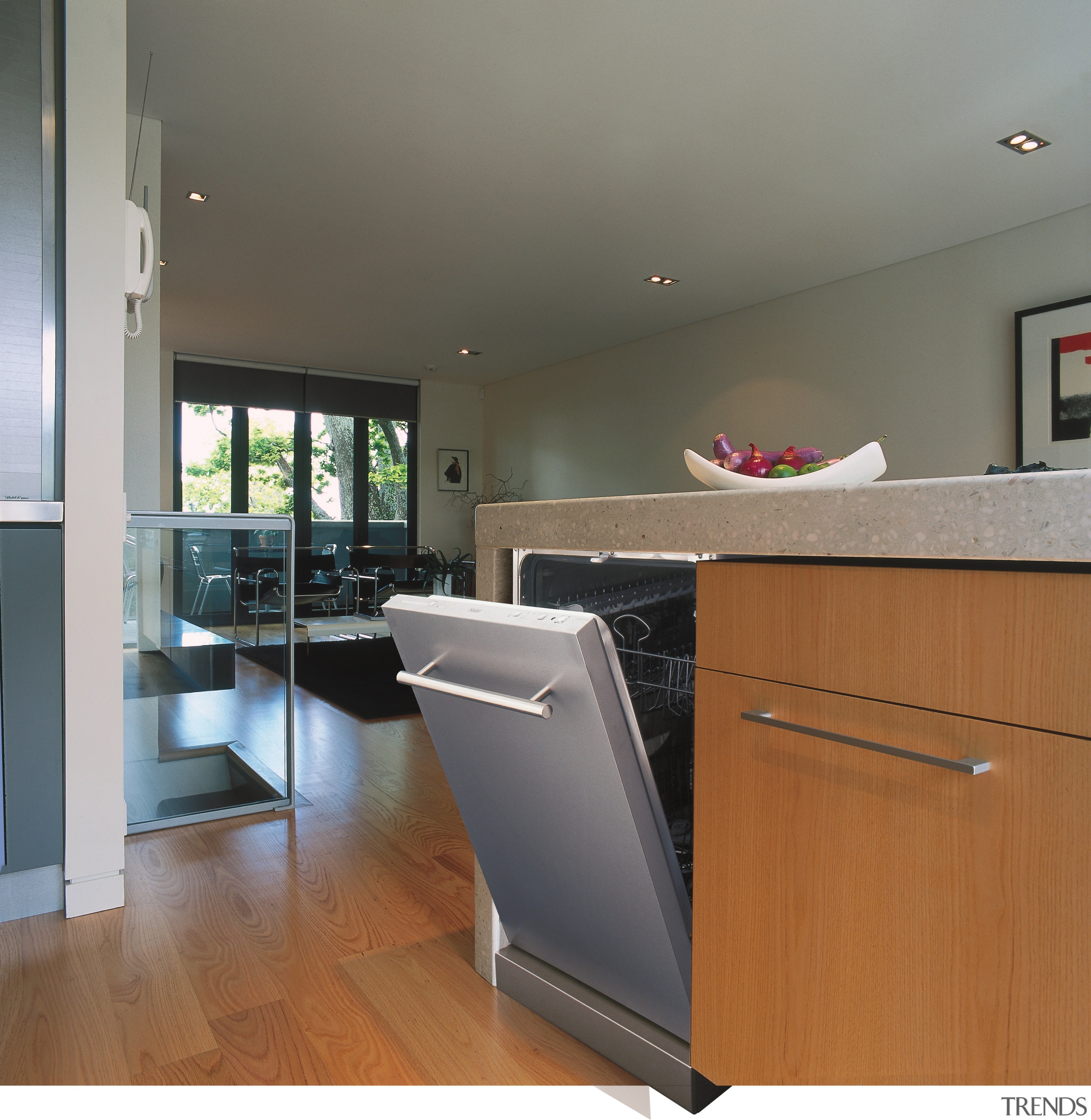 A view of a kitchen with some Haier architecture, cabinetry, countertop, floor, home, interior design, kitchen, real estate, room, gray, brown