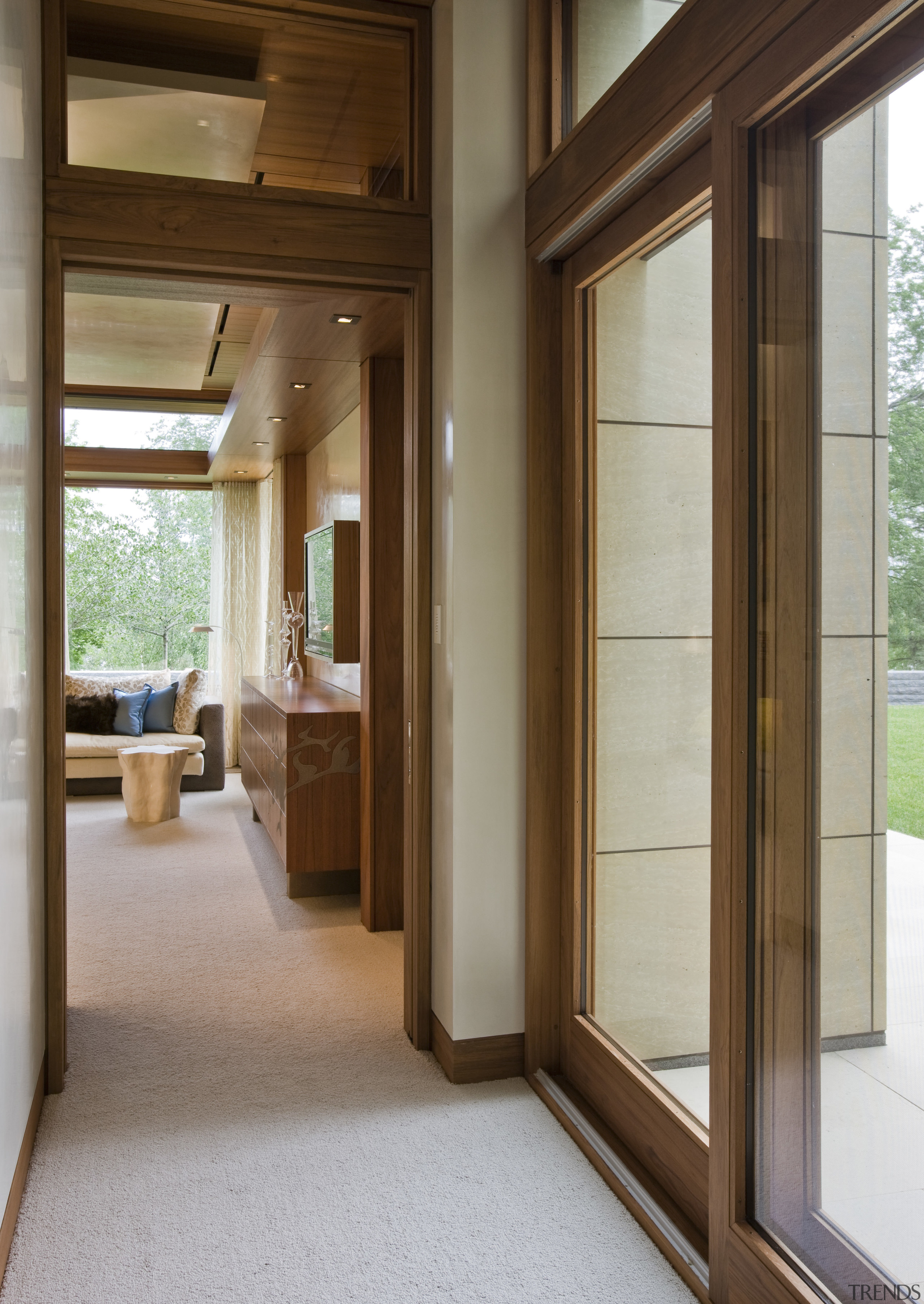 Interior view of house which features wooden joinery door, house, interior design, real estate, window, wood, brown, gray