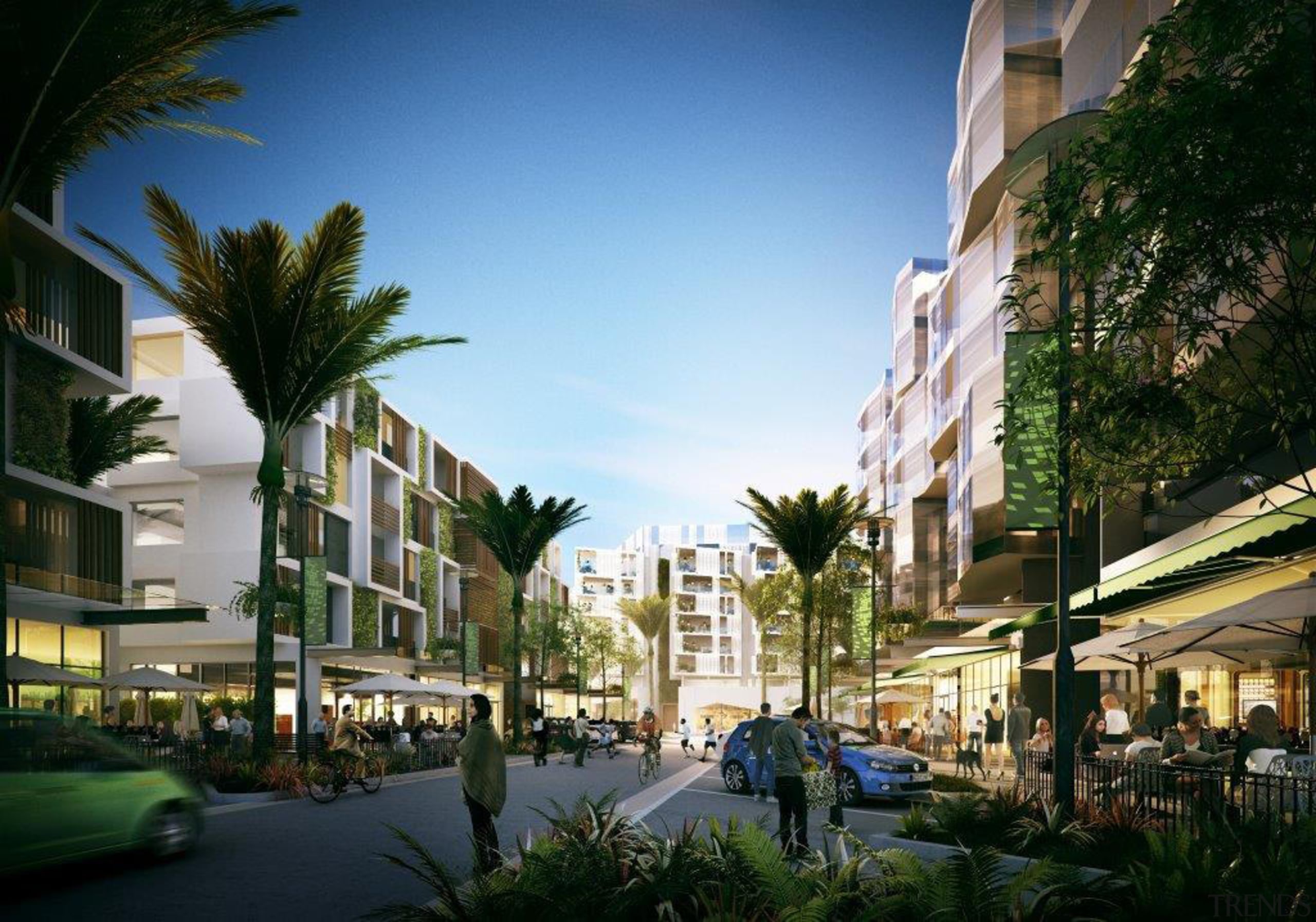 This large urban village will offer shopping, apartments arecales, building, city, condominium, downtown, home, metropolis, metropolitan area, mixed use, neighbourhood, palm tree, property, real estate, residential area, sky, street, town, tree