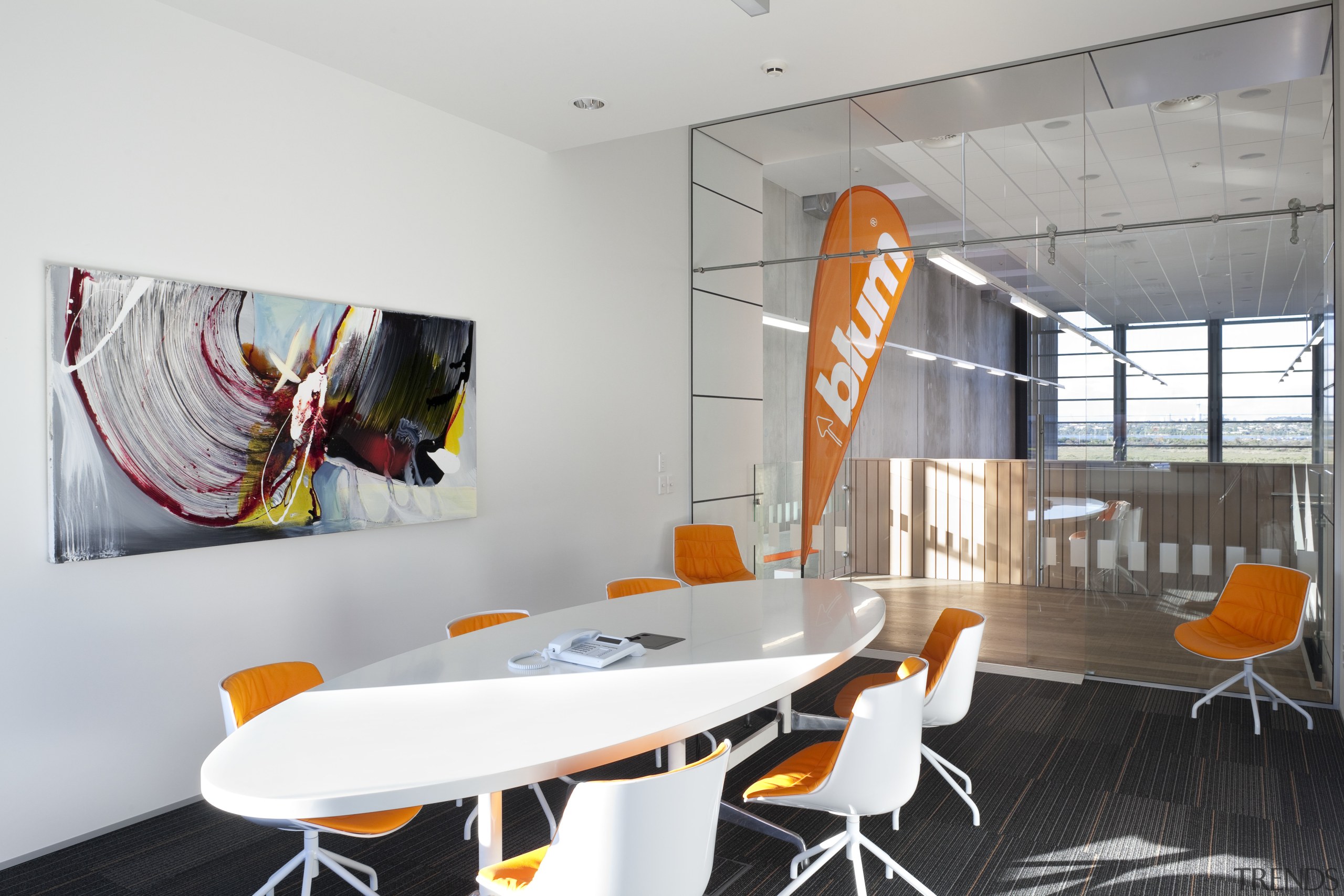 Boardroom with white table and orange seats. - interior design, product design, table, white, gray