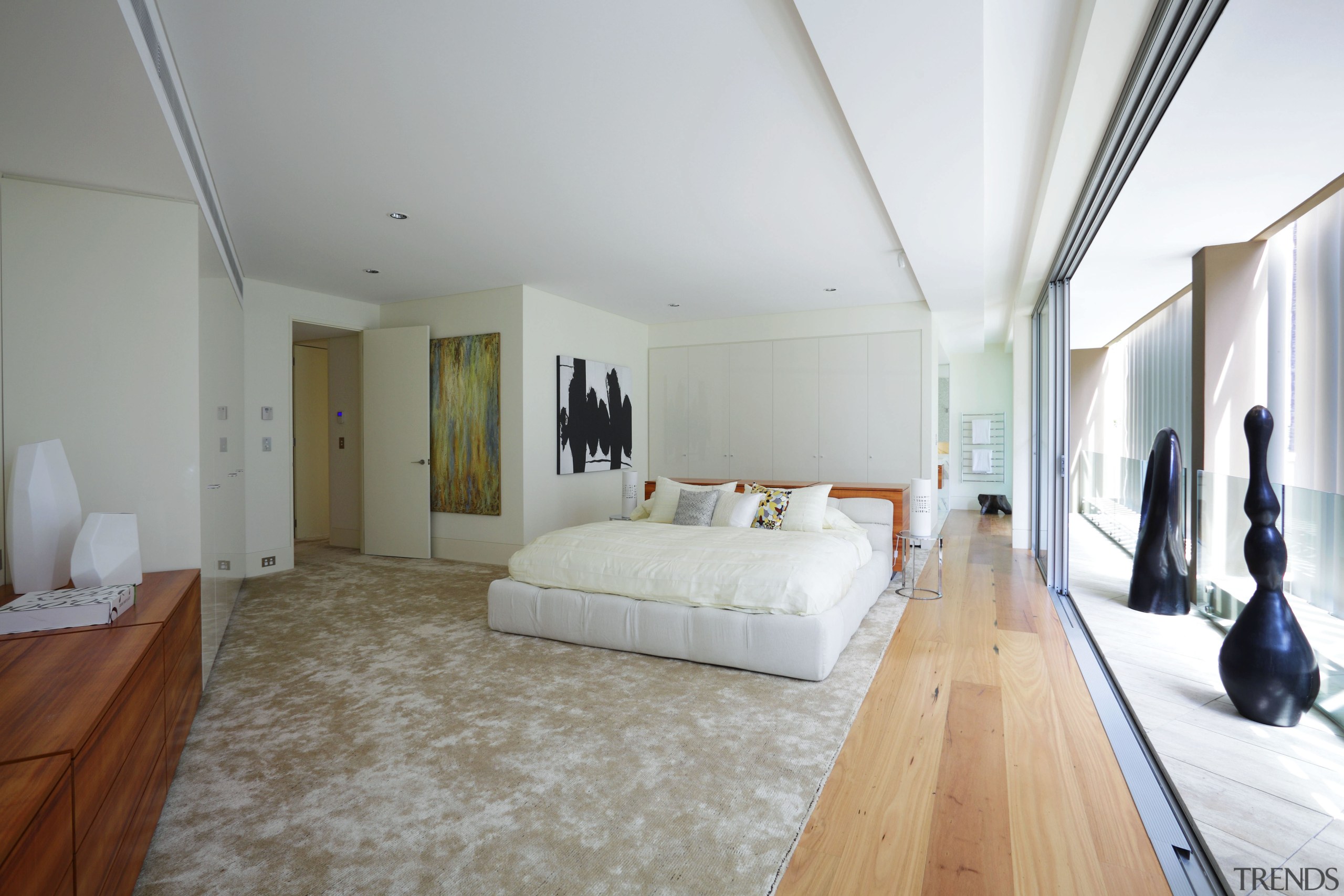 View of master bedroom features timber floors, large architecture, bedroom, ceiling, estate, floor, flooring, house, interior design, property, real estate, room, suite, wood flooring, gray, white