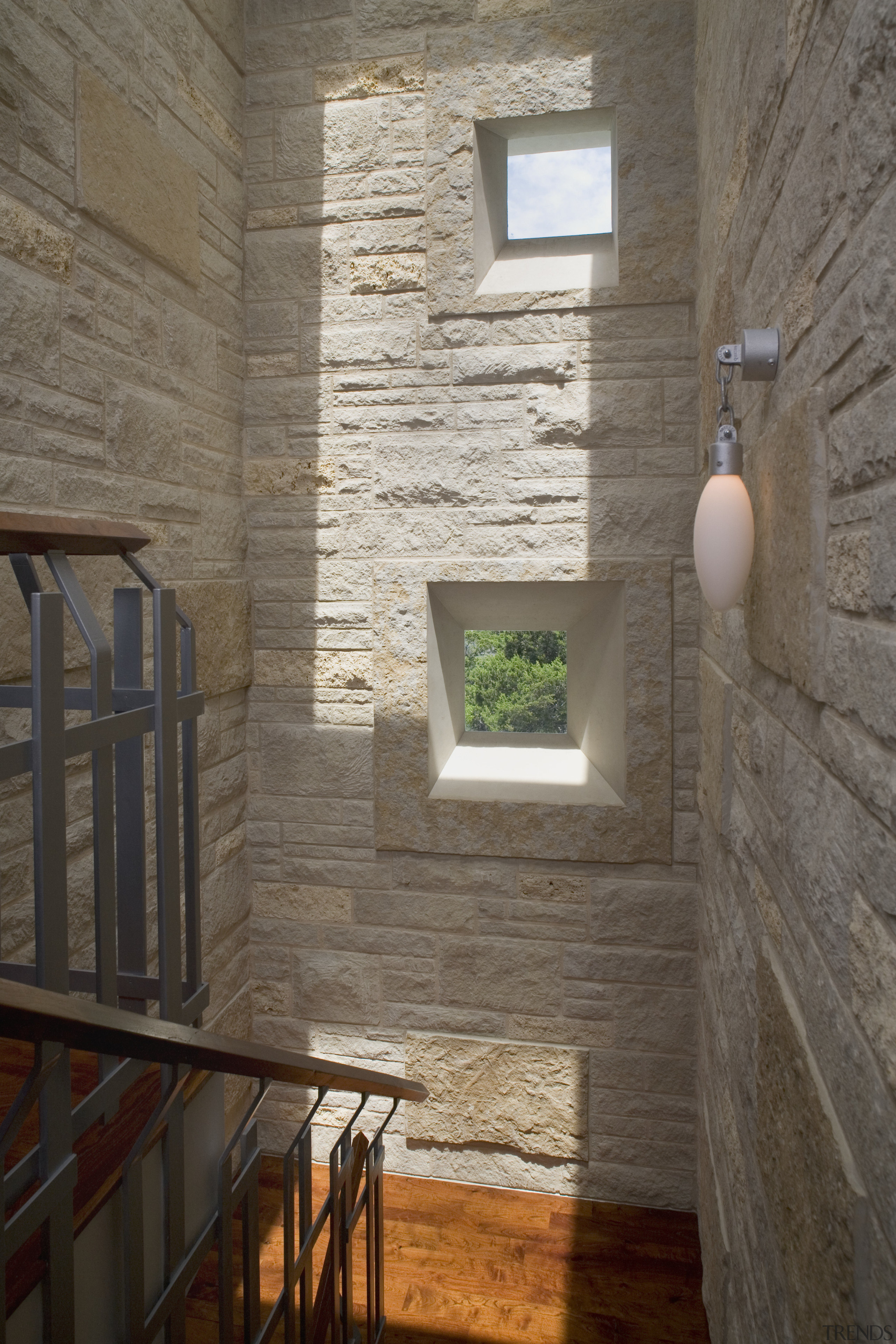 Interior view of the stairway which has stonewalls architecture, home, interior design, wall, window, gray, brown