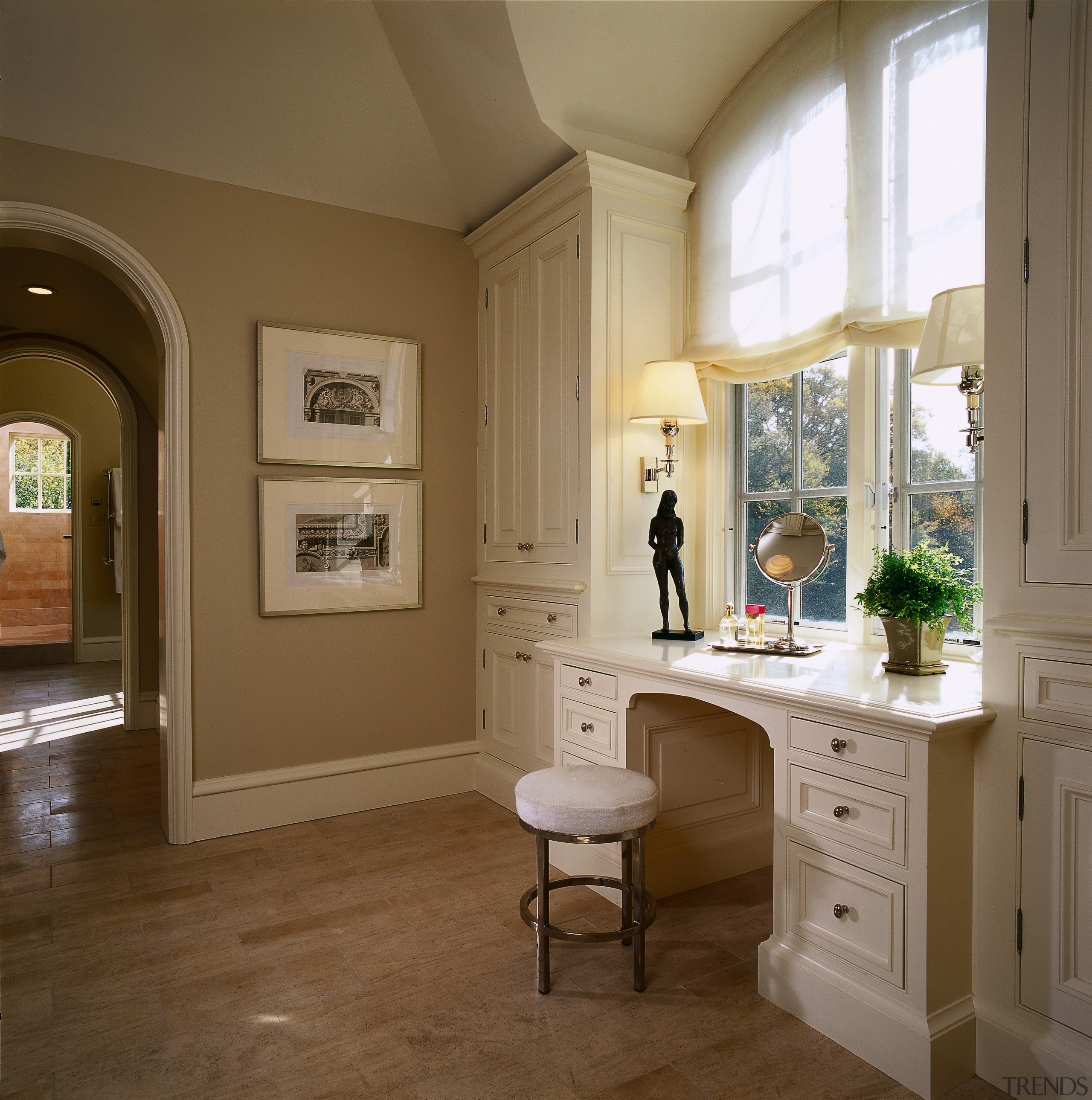 Bedroom and bathroom suite with limestone flooring, white cabinetry, ceiling, countertop, cuisine classique, estate, floor, flooring, furniture, hardwood, home, interior design, laminate flooring, room, wall, window, wood flooring, brown