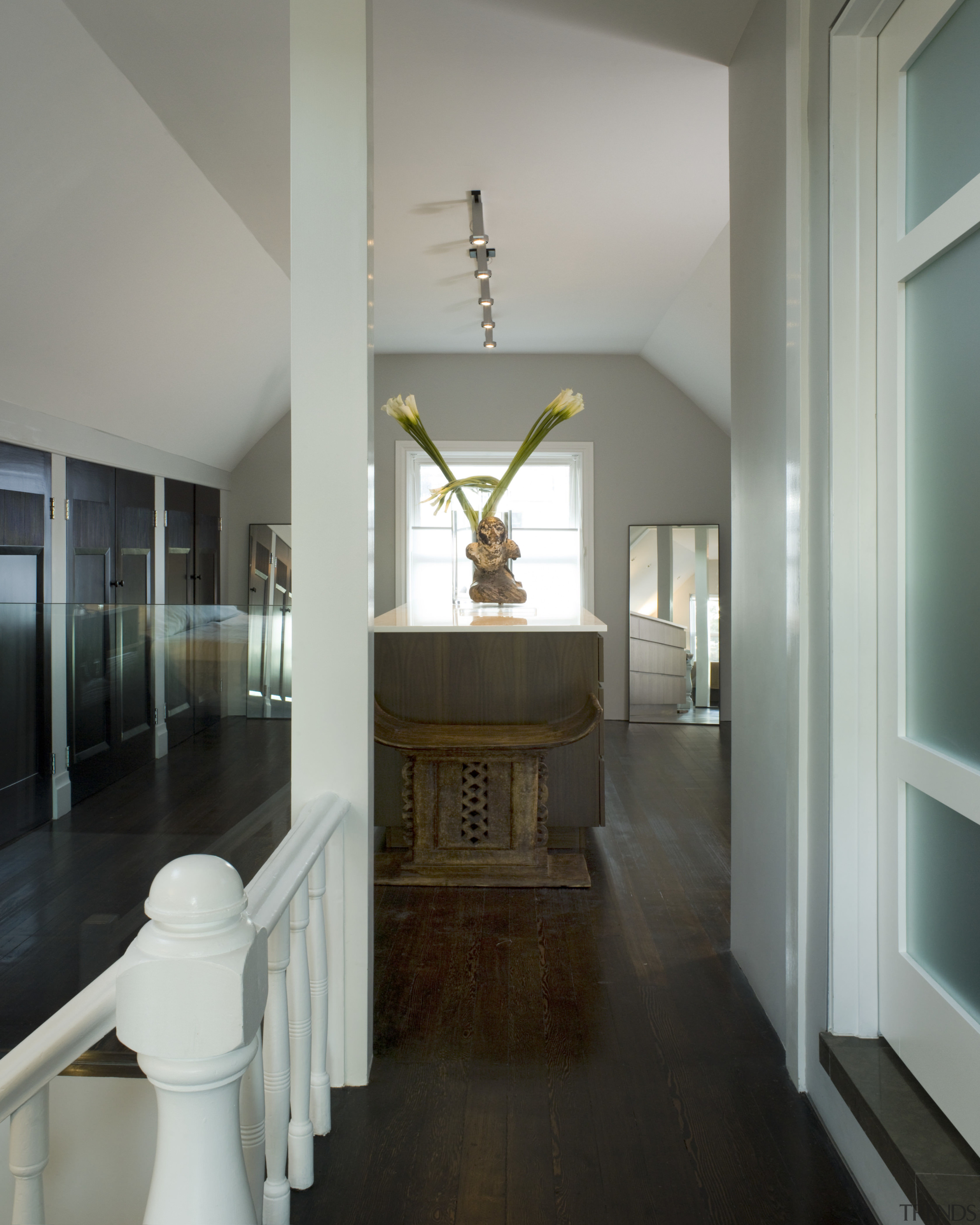 interior hallway views of renovated Victorian residence Interior architecture, ceiling, daylighting, estate, floor, flooring, hall, hardwood, home, interior design, lobby, room, wood flooring, gray, black