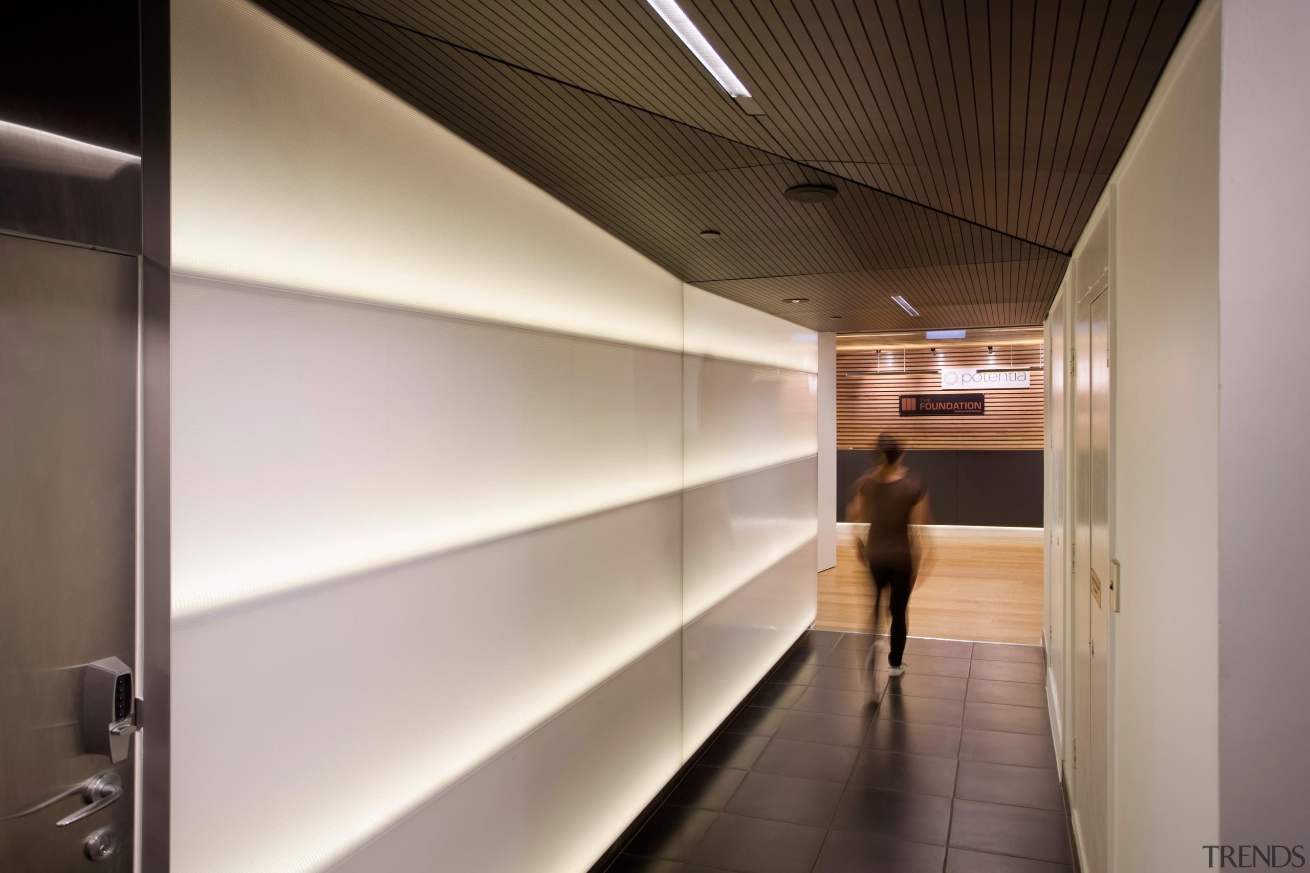 Horizontal lines of the back-lit polycarbonate wall panels architecture, ceiling, interior design, gray