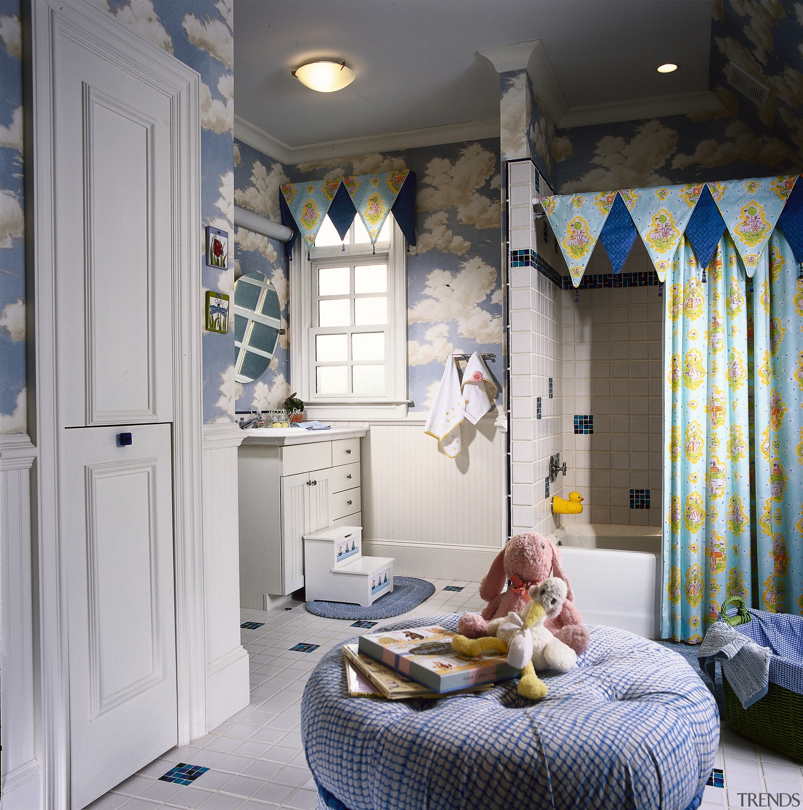 view of this themed bathroom with sky wallpaper blue, ceiling, home, interior design, room, wall, window, window treatment, gray