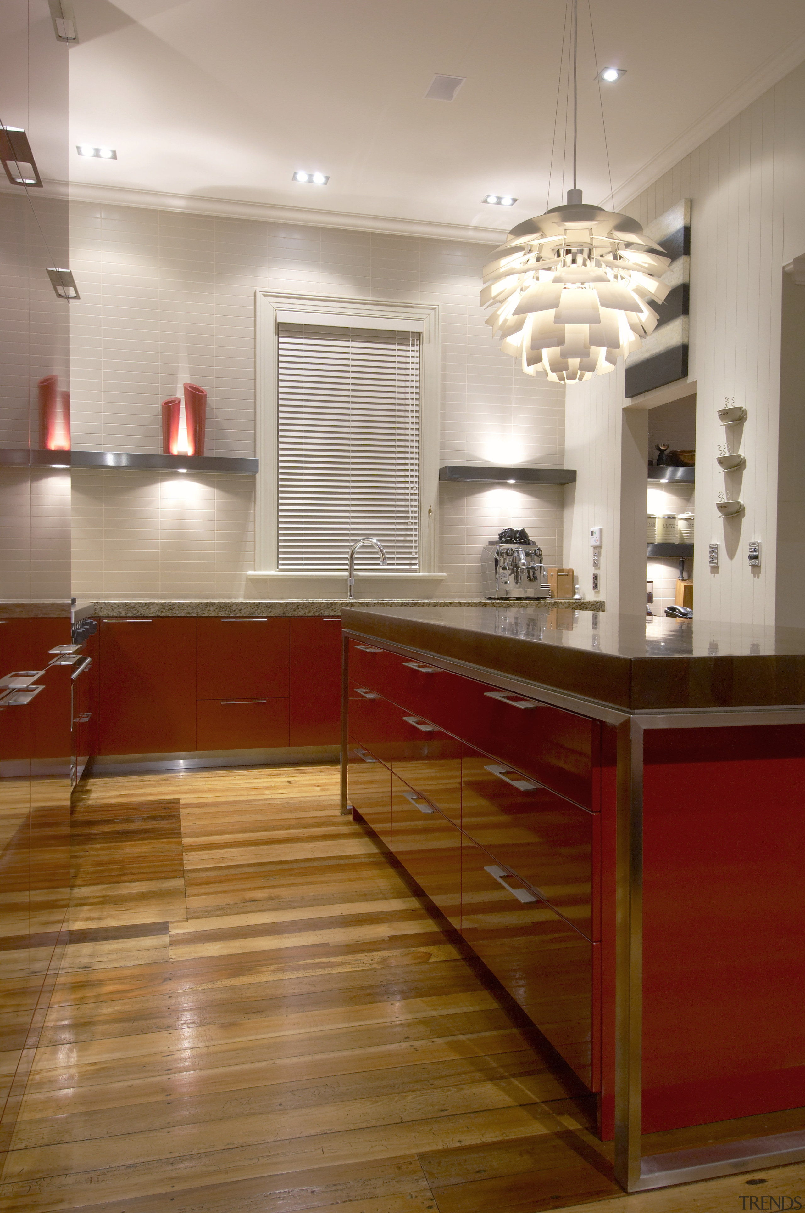 View of kitchen designed by Lloyd Richardson (NKBA), cabinetry, ceiling, countertop, cuisine classique, floor, flooring, furniture, hardwood, interior design, kitchen, laminate flooring, room, table, wood, wood flooring, brown, gray