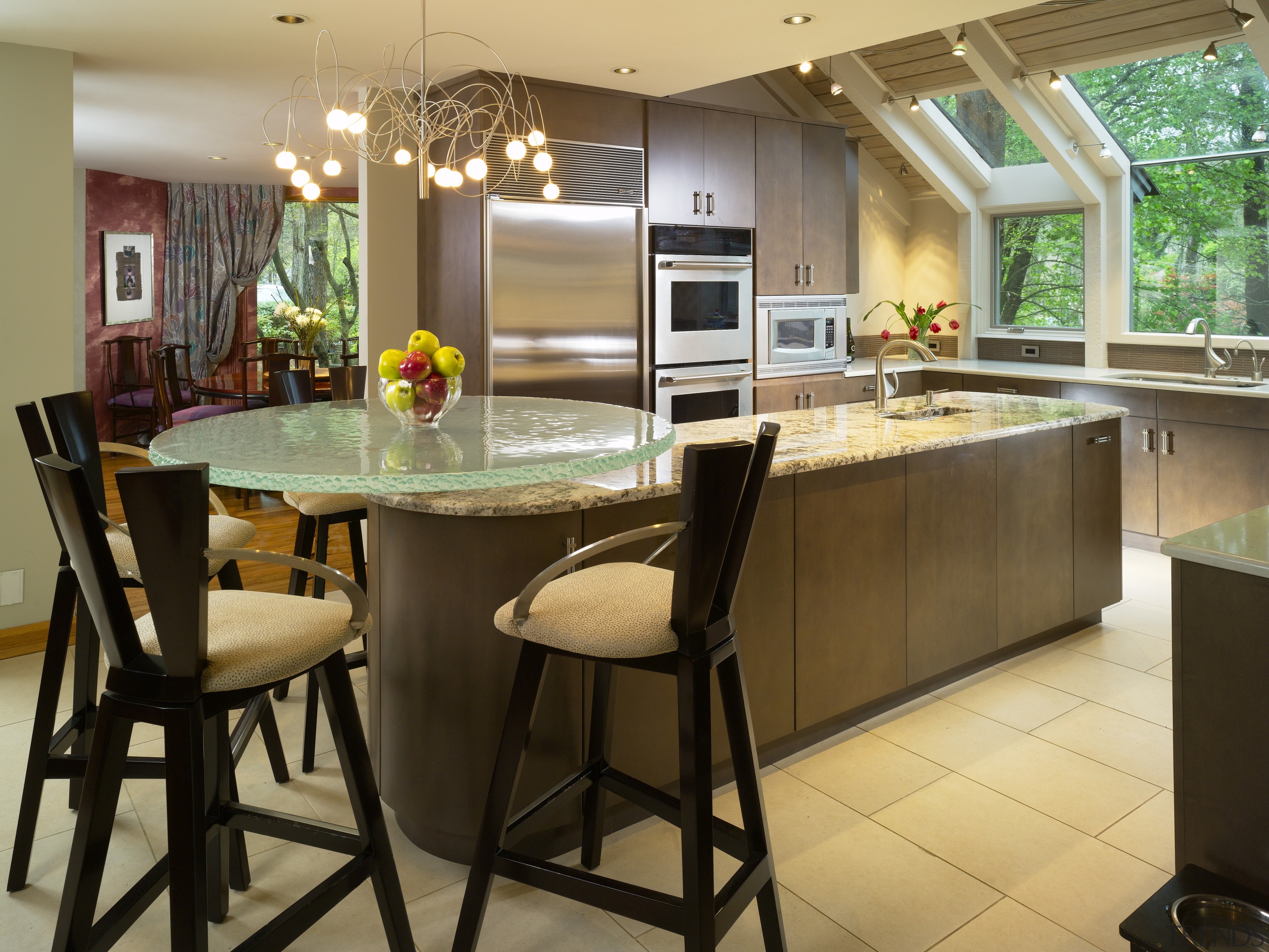 View of kitchen, glass; granite and stone countertops, countertop, cuisine classique, dining room, flooring, interior design, kitchen, room, window, brown