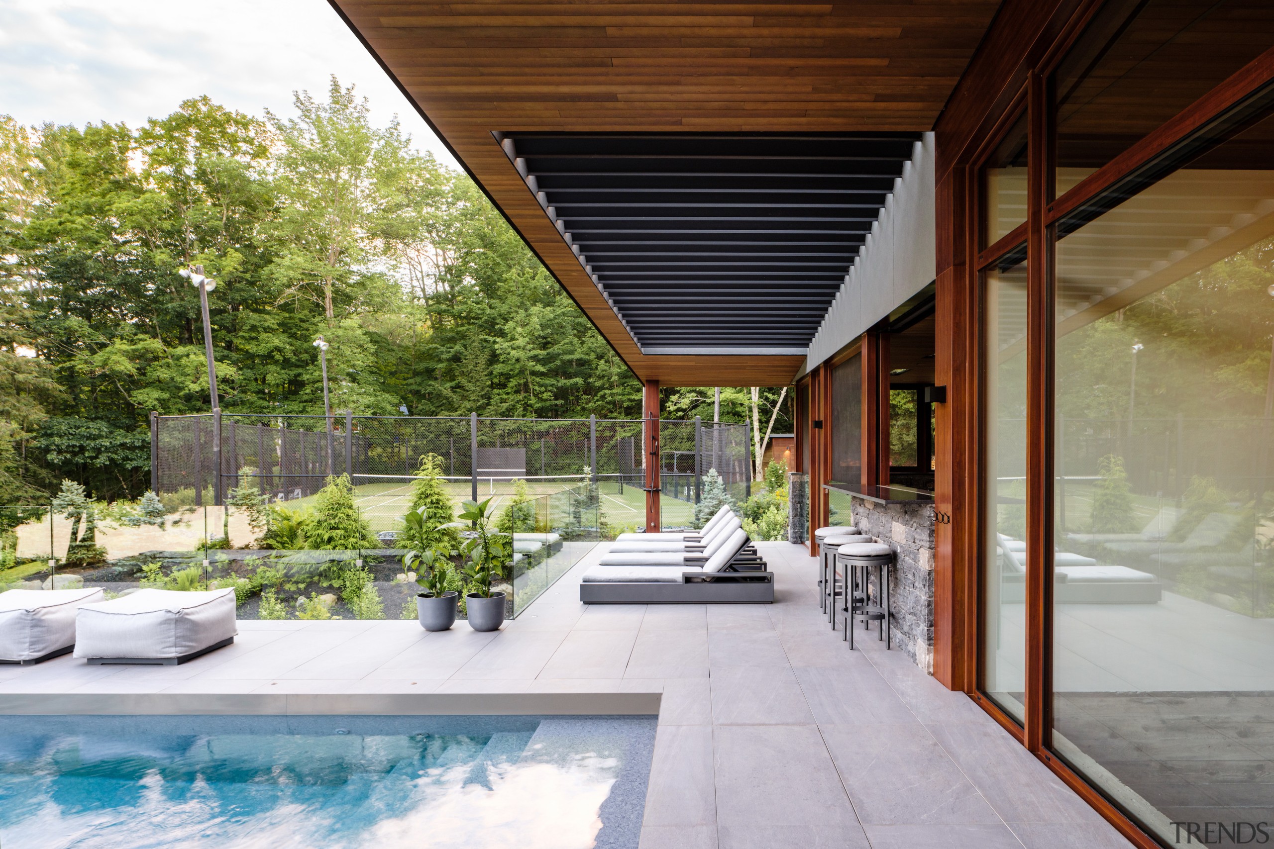 Looking across the rear terrace to the tennis 