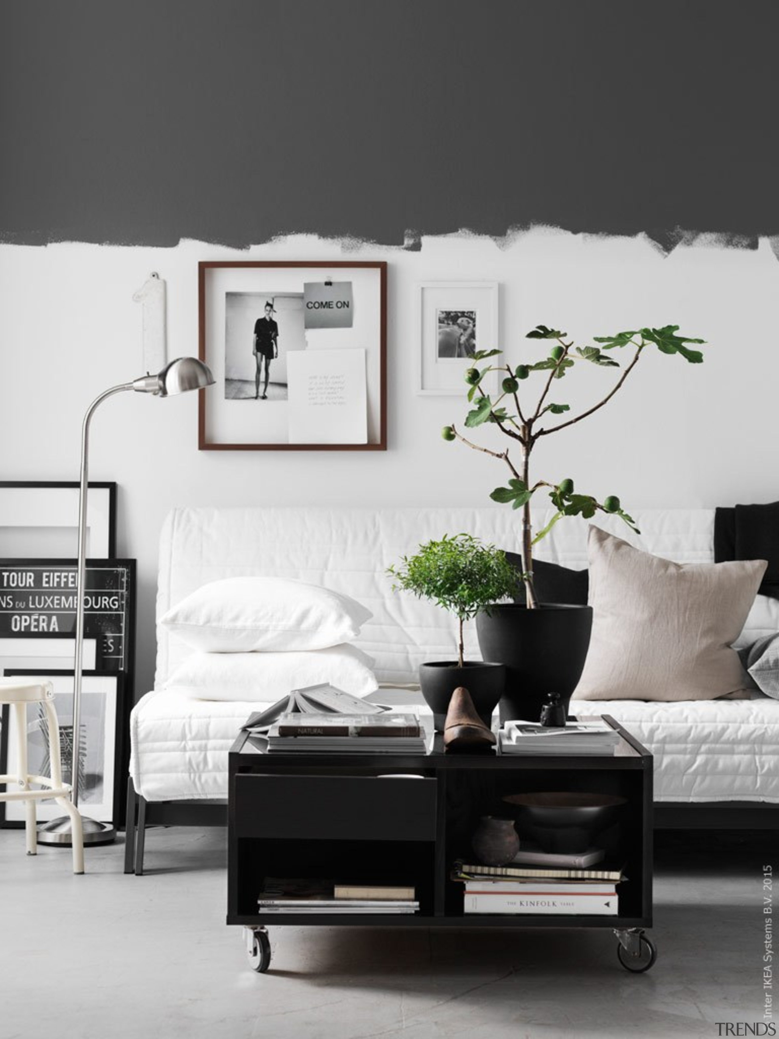 ​​​​​​​This living space by IKEA does away bed, bedroom, black, black-and-white, chest of drawers, coffee table, couch, floor, furniture, home, house, interior design, living room, nightstand, plant, room, studio couch, table, wall, white, white, black