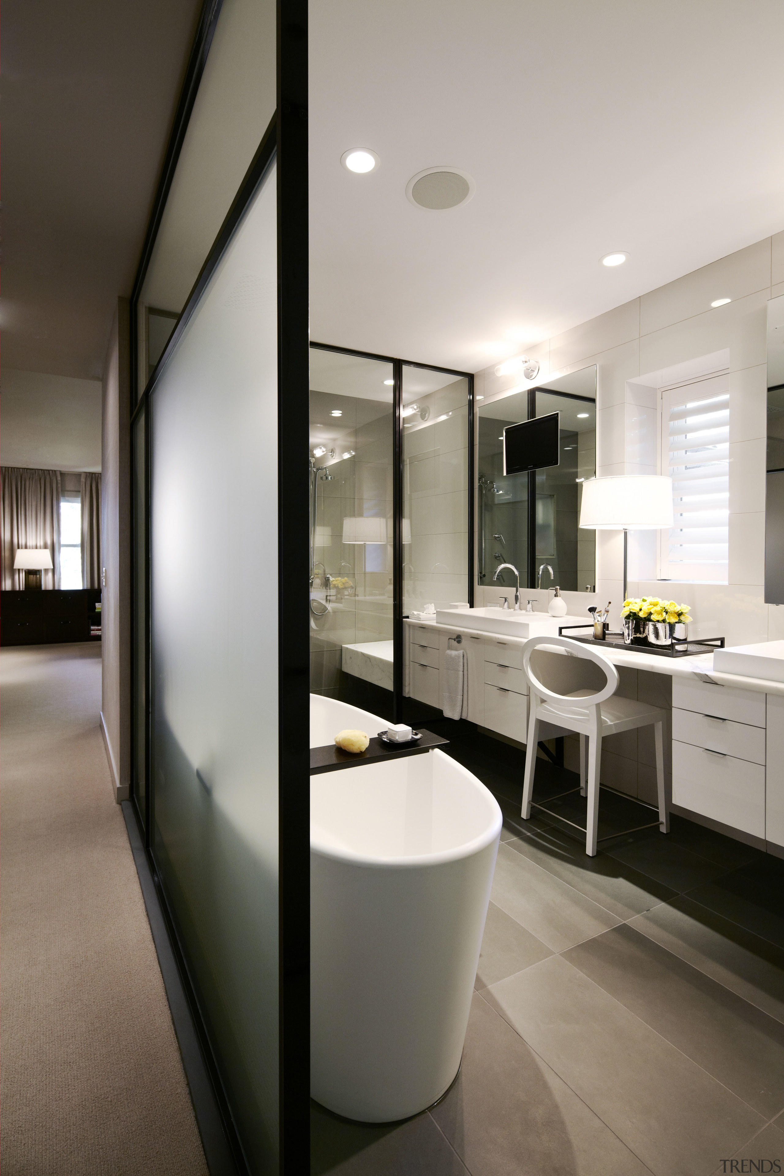 This remodeled master bathroom features sandblasted glass walls architecture, bathroom, interior design, product design, sink, gray, black
