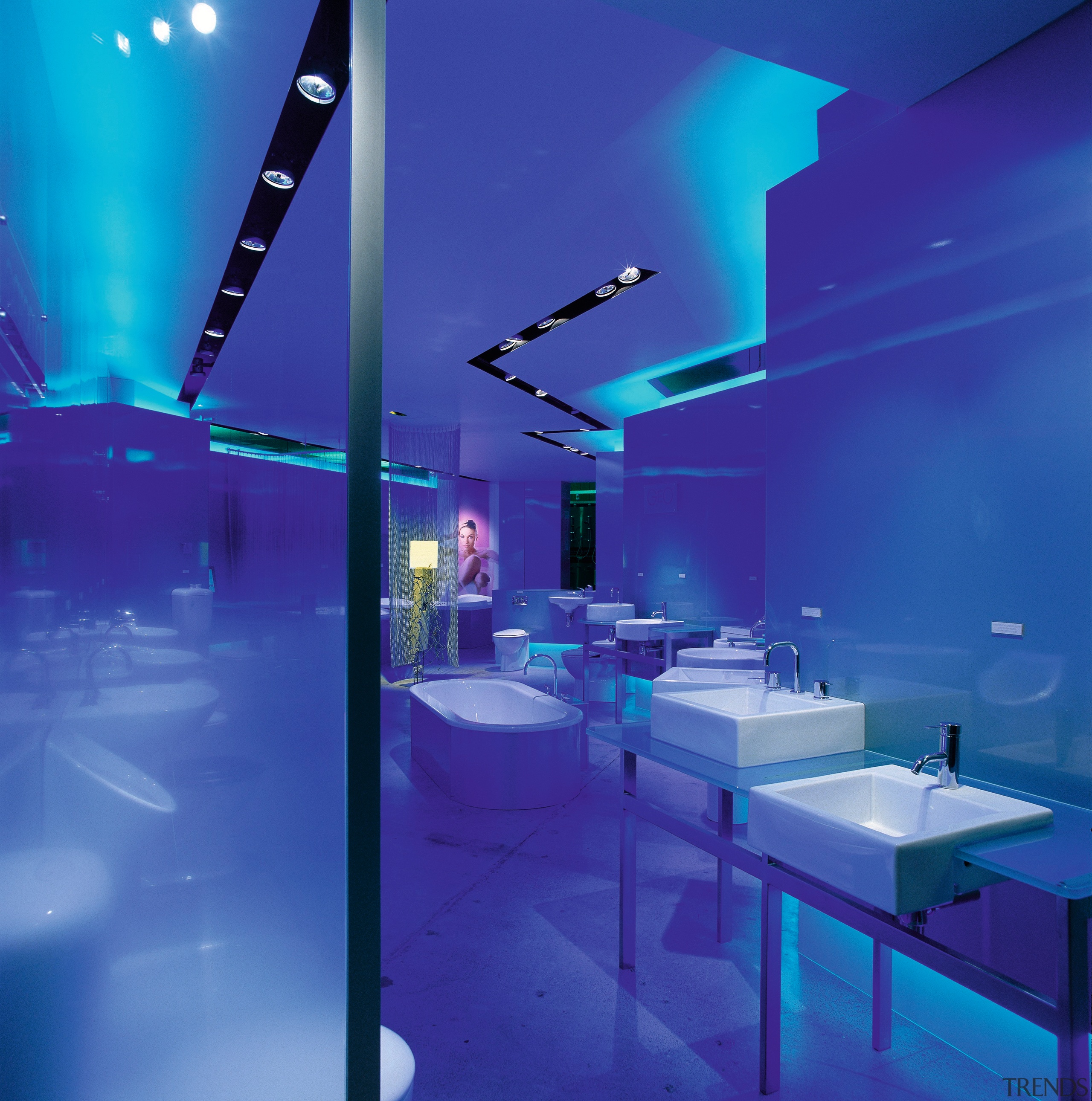 The view of bathroomware in a showroom - architecture, blue, ceiling, glass, interior design, light, lighting, purple, blue