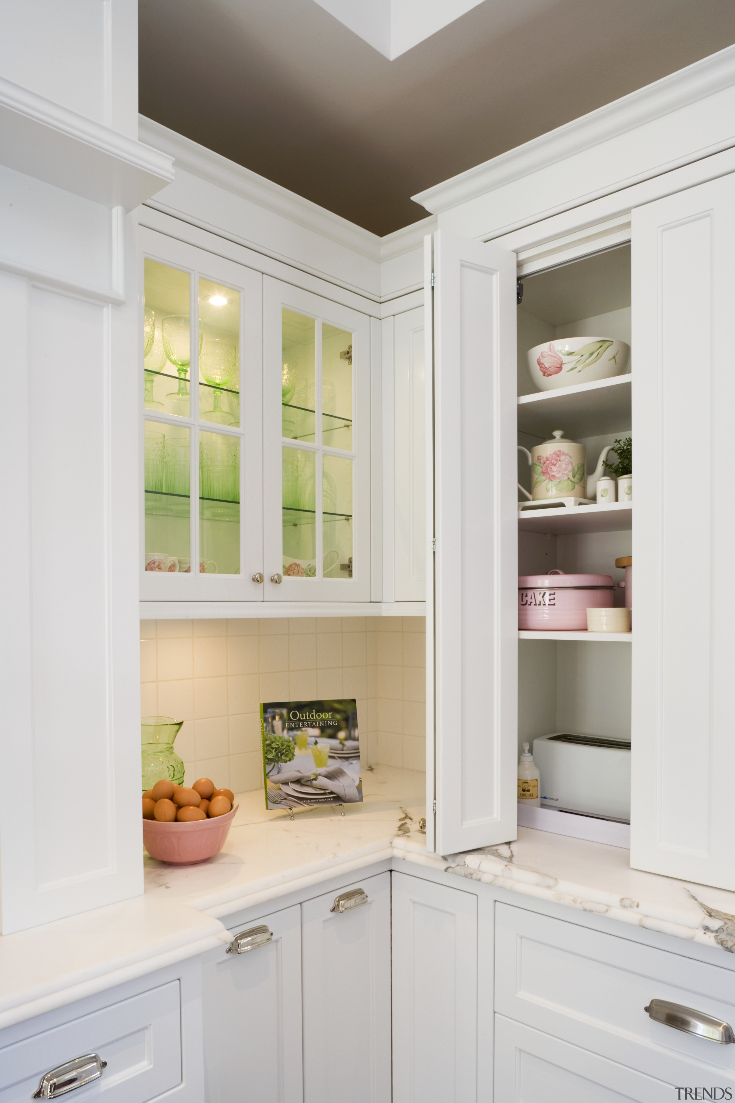 View of kitchen designed by architect Gary McFarlane cabinetry, countertop, cuisine classique, home, home appliance, interior design, kitchen, refrigerator, room, shelf, shelving, window, white