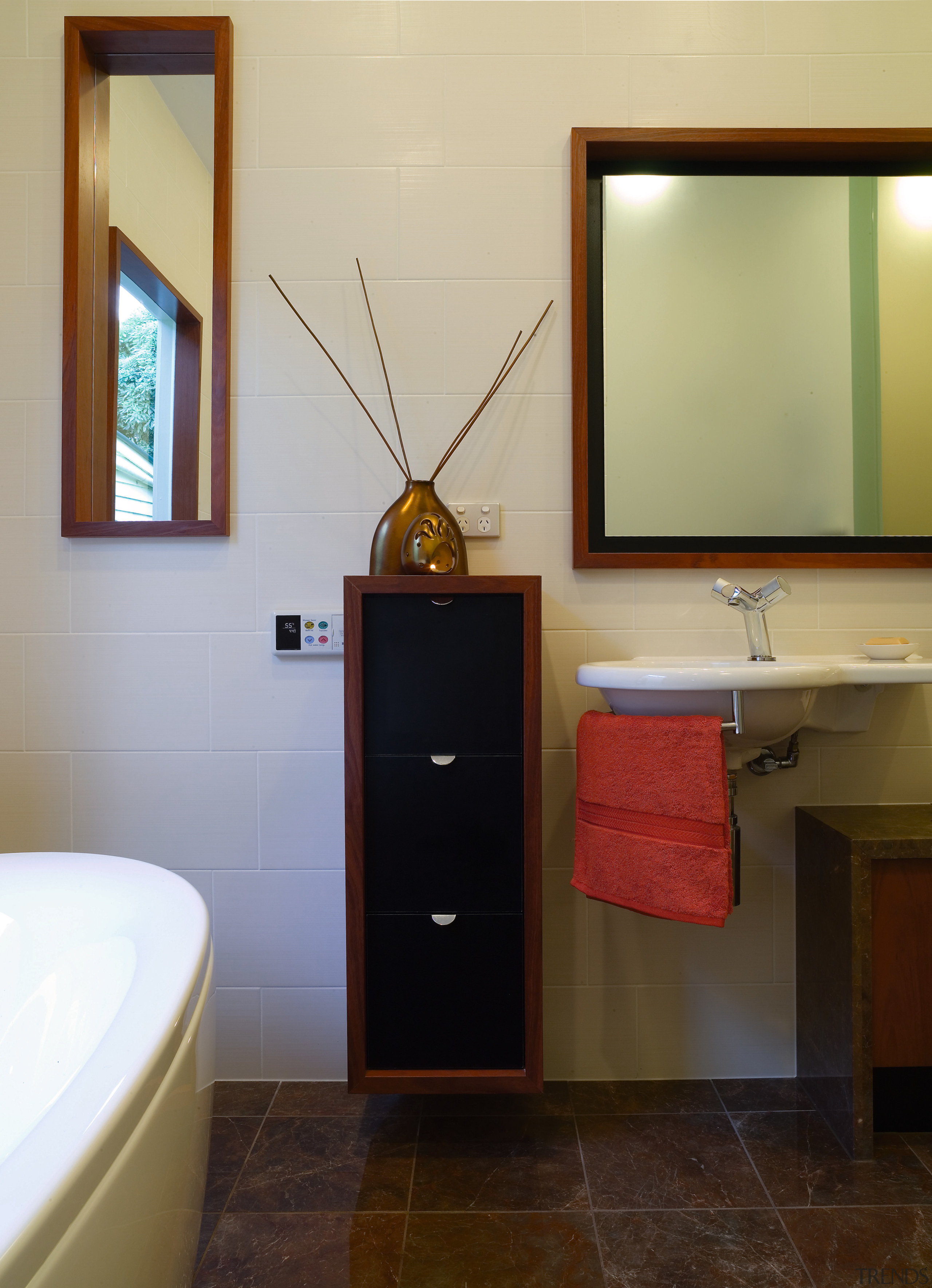 The original wood paneling was replaced by tiles bathroom, bathroom accessory, bathroom cabinet, floor, flooring, home, interior design, room, sink, orange