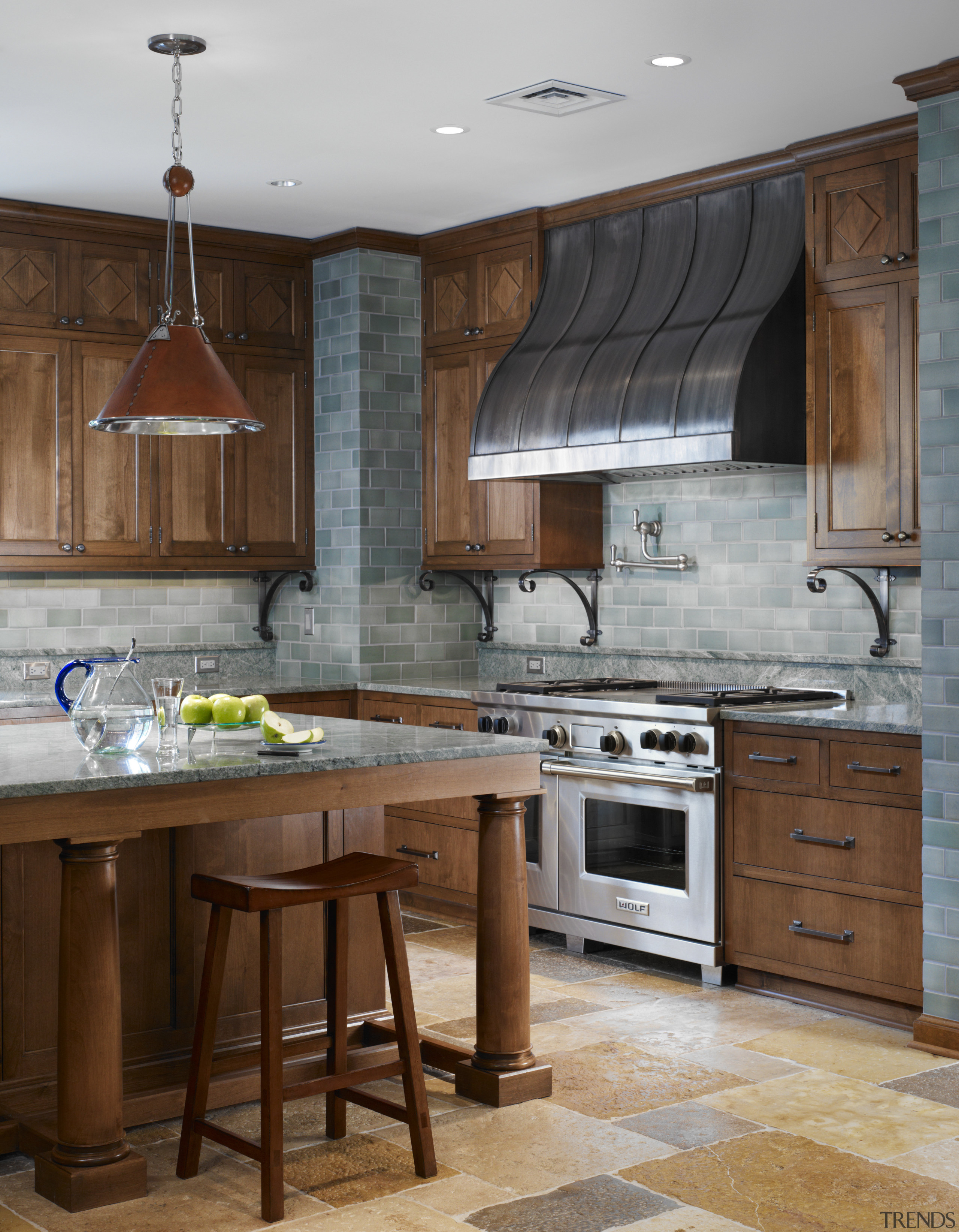 View of traditional kitchen with wooden cabinetry and cabinetry, countertop, cuisine classique, floor, flooring, interior design, kitchen, room, gray, brown