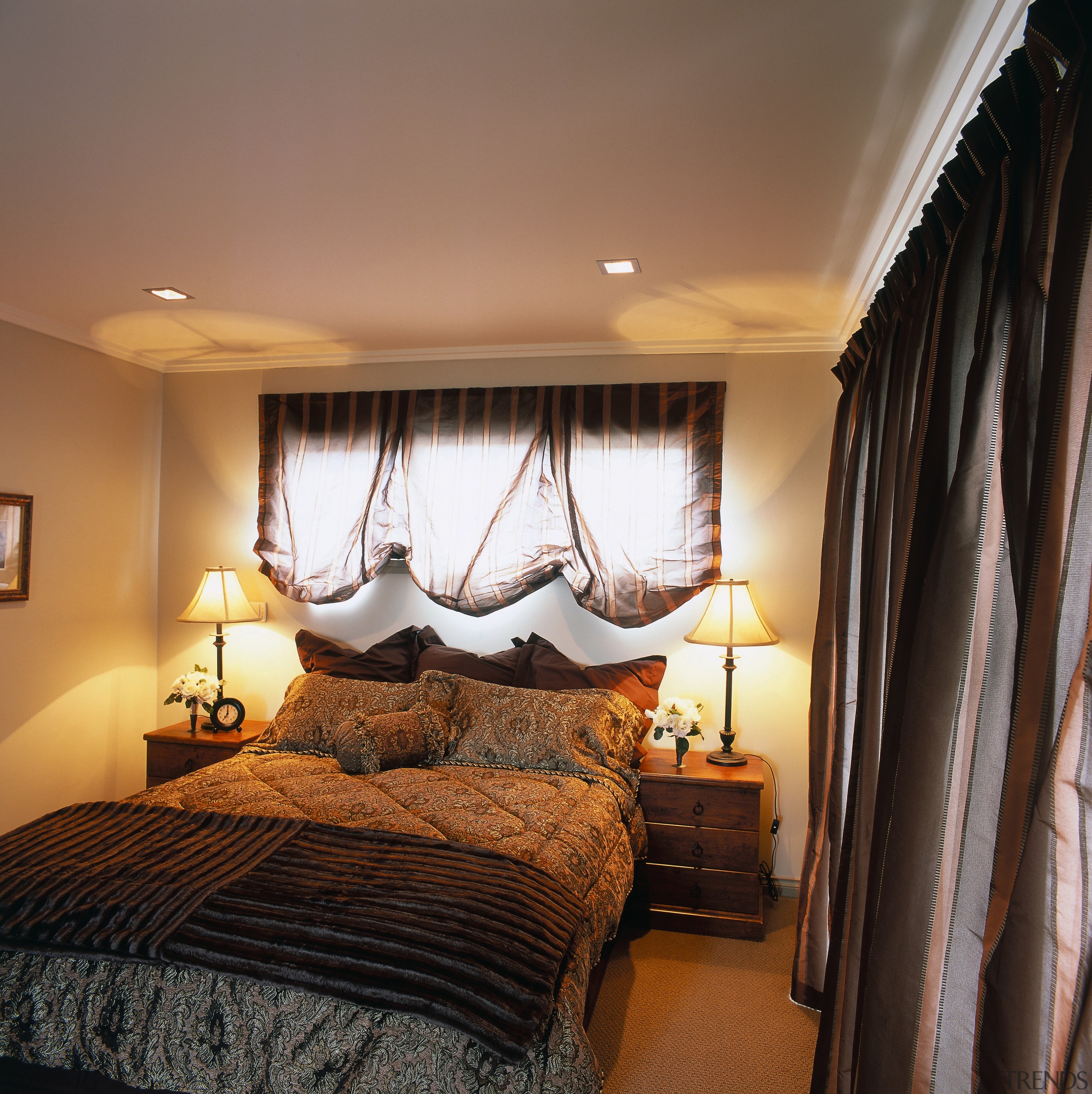 View of the bedroom - View of the bed, bed frame, bedroom, ceiling, furniture, home, interior design, real estate, room, suite, window, window treatment, brown, black