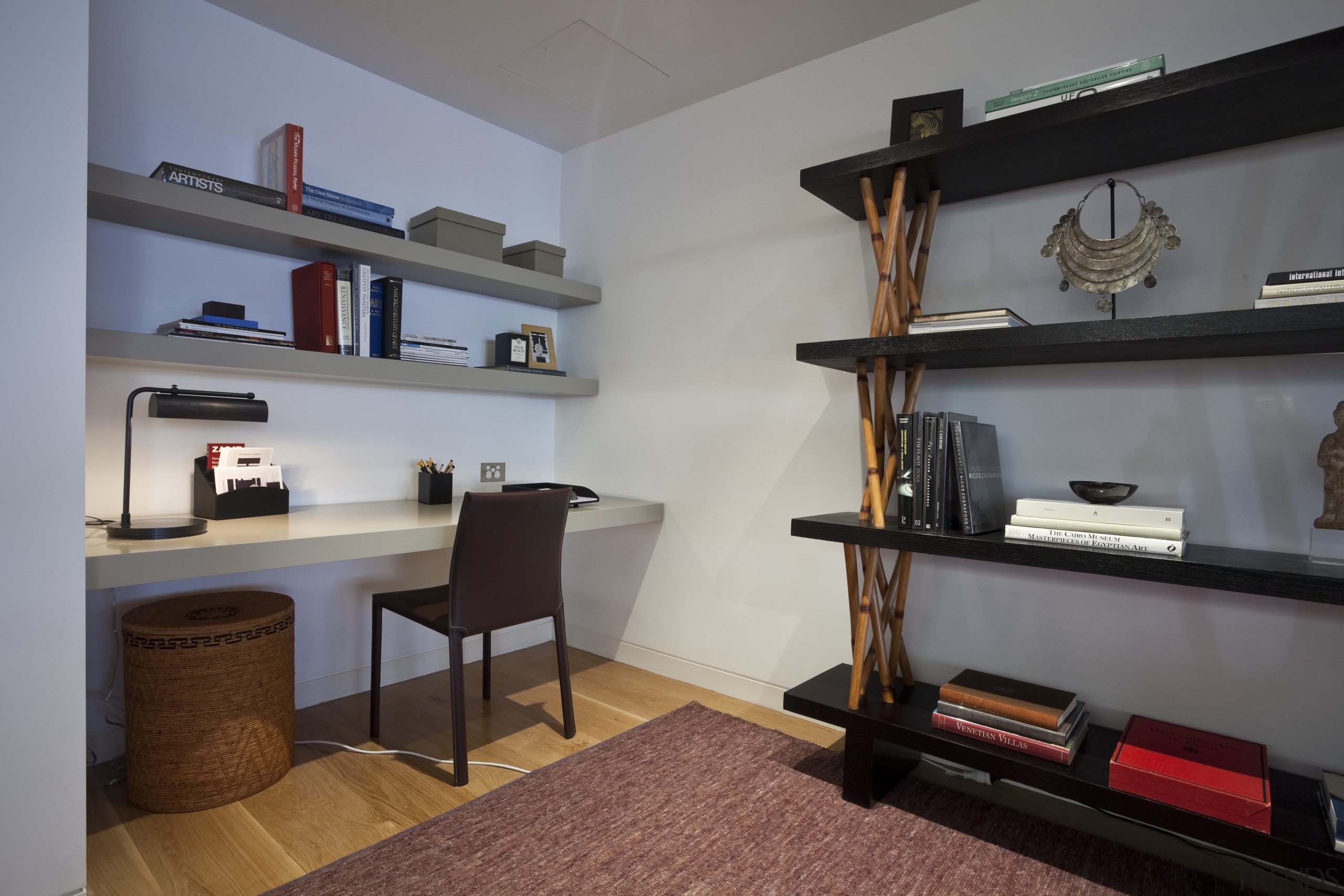 View of study area with contemporary shelving. - furniture, interior design, living room, property, room, shelf, shelving, gray