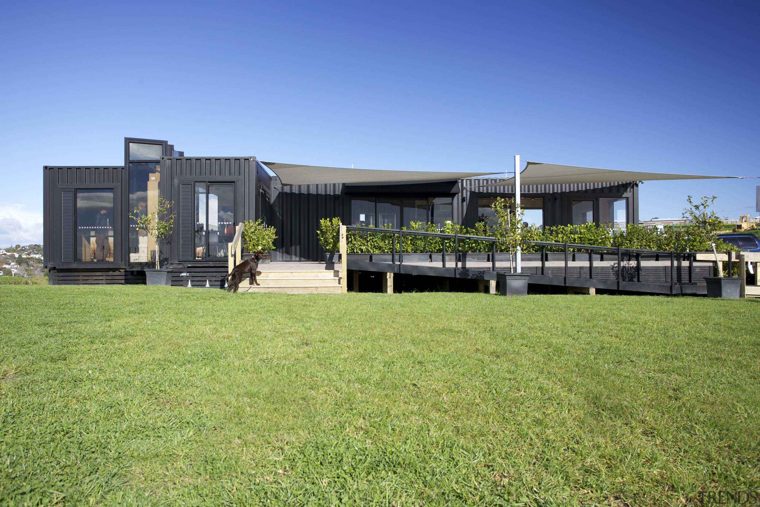 Four containers were linked to create this innovative architecture, corporate headquarters, estate, facade, grass, home, house, real estate, sky, green, teal