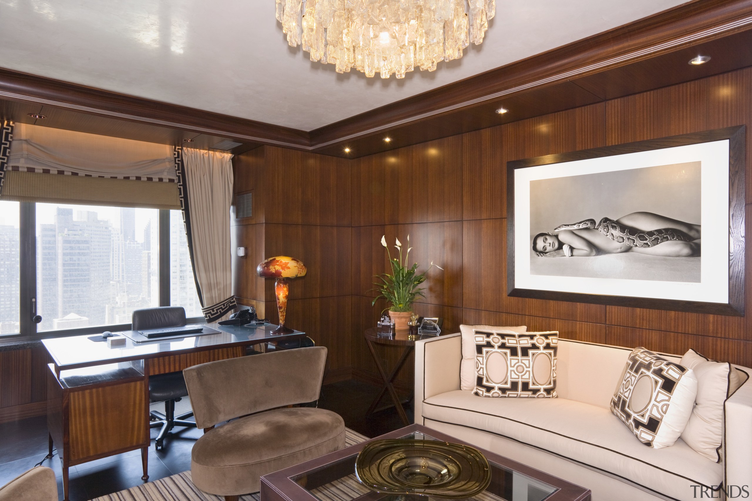 View of the study featuring mahogany-paneled walls, leather ceiling, home, interior design, living room, property, real estate, room, suite, brown, gray