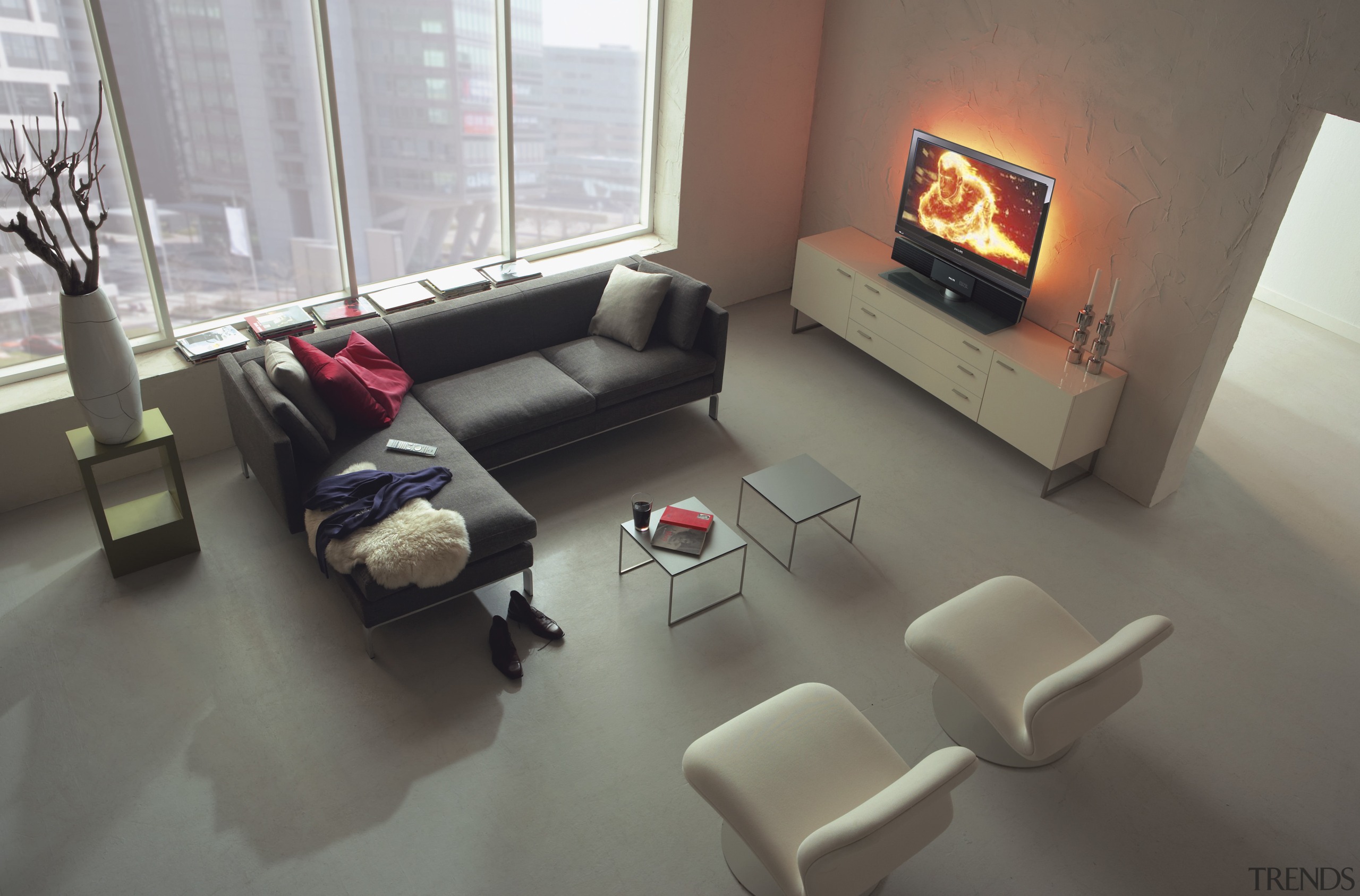 A view a home theatre system from Phillips floor, flooring, furniture, home, interior design, living room, product design, room, table, waiting room, gray