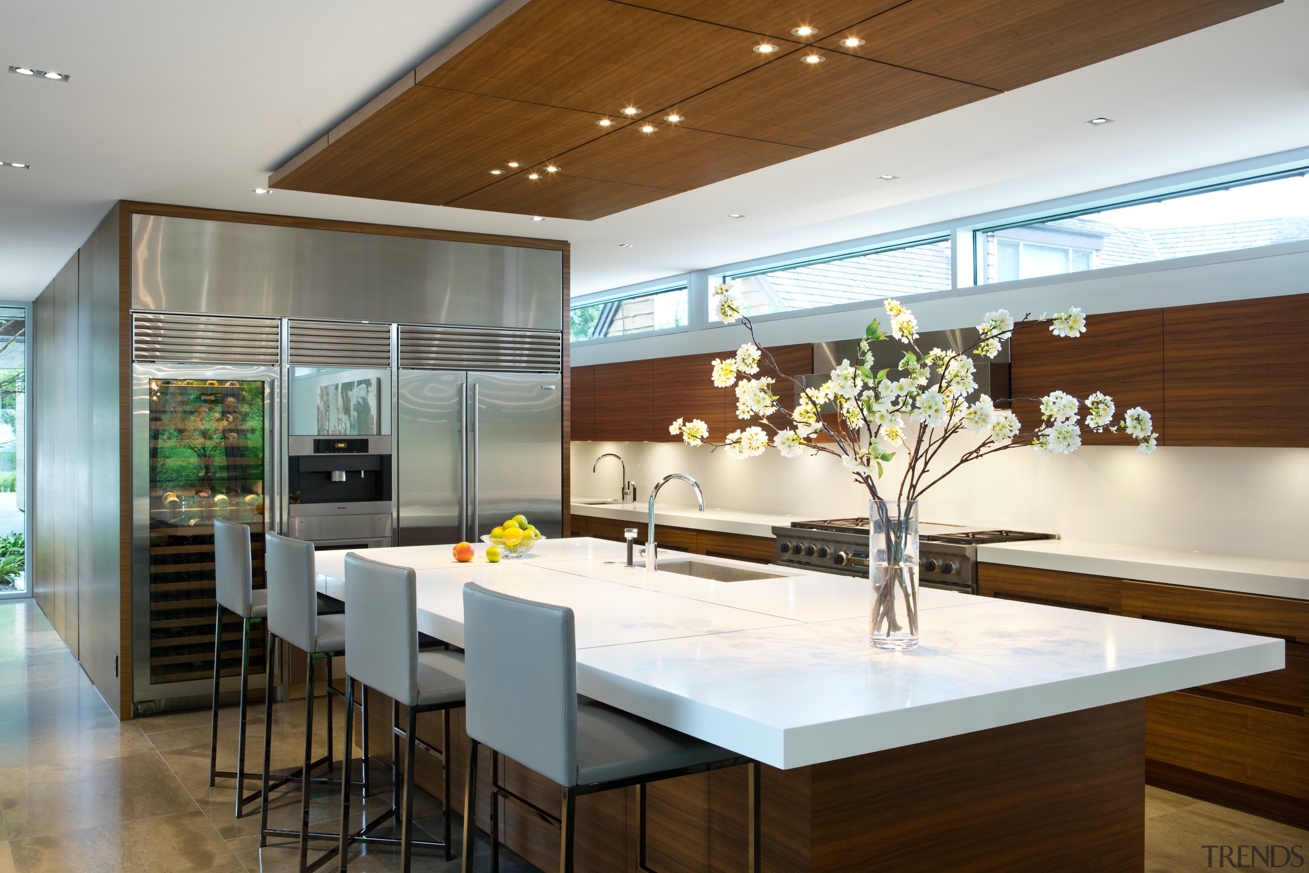 At one end of this kitchen, a bank ceiling, countertop, house, interior design, kitchen, real estate, brown, white