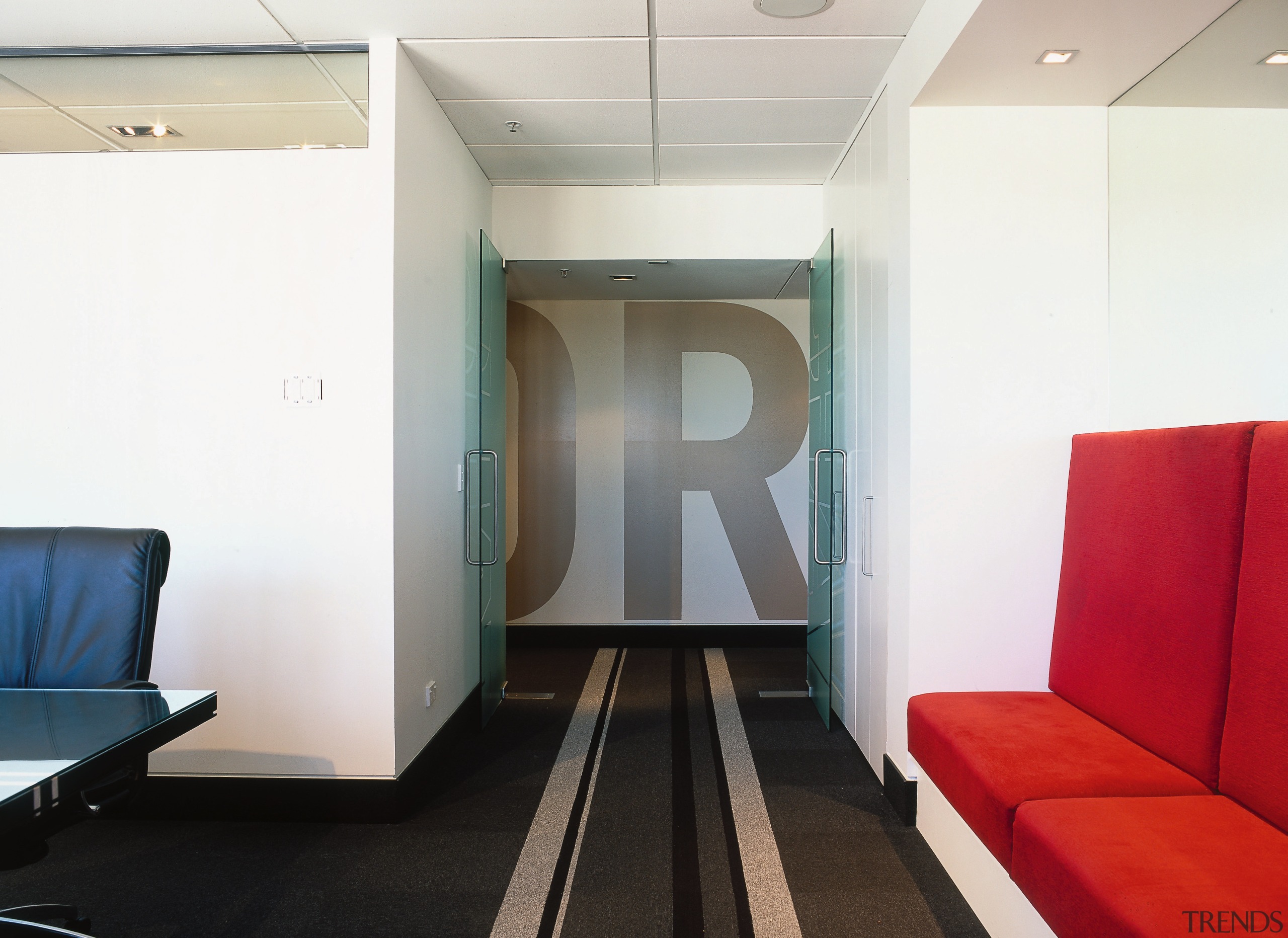 Office boardroom interior with white walls, striped carpet ceiling, floor, interior design, room, white